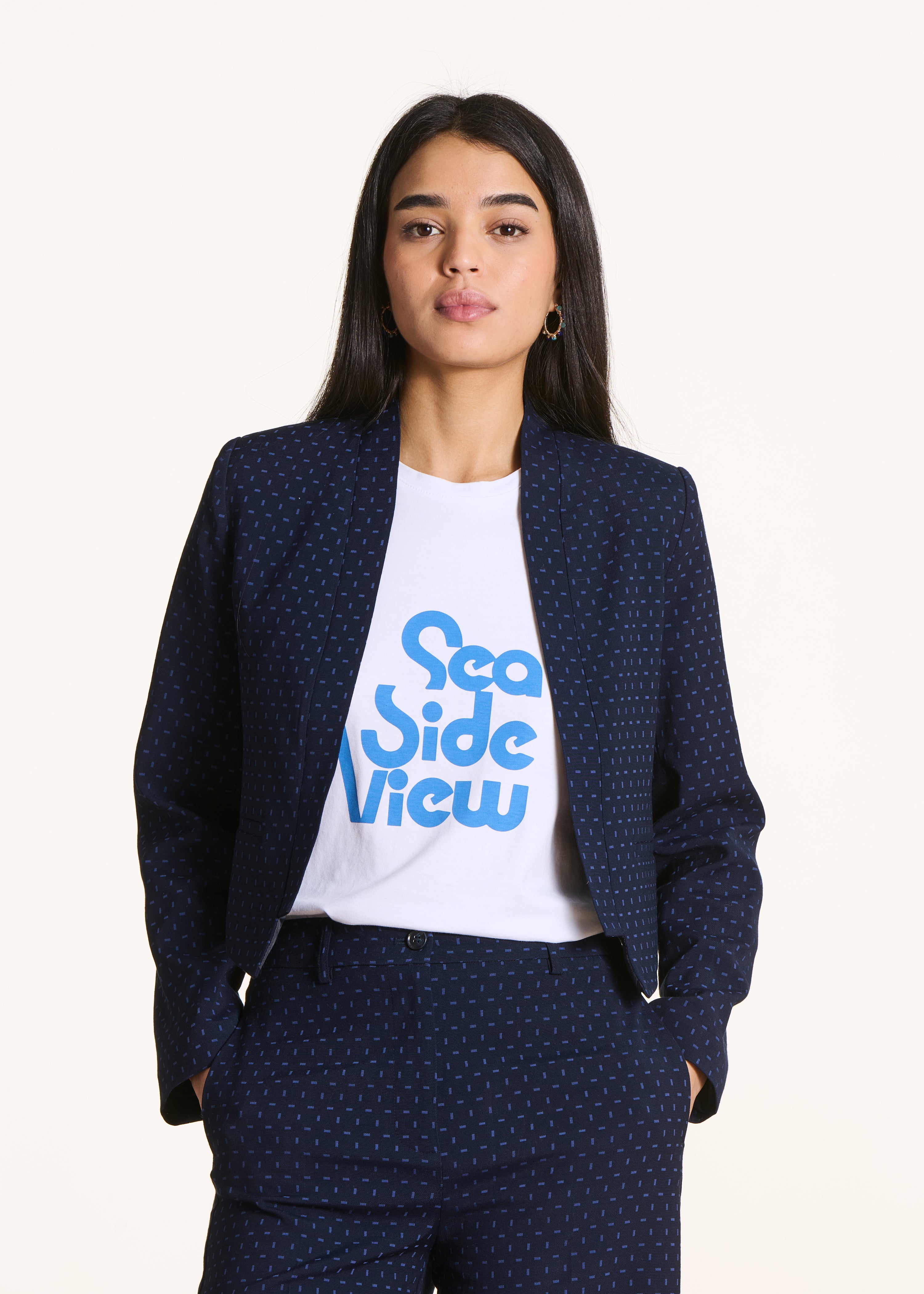 Short jacket in blue jacquard