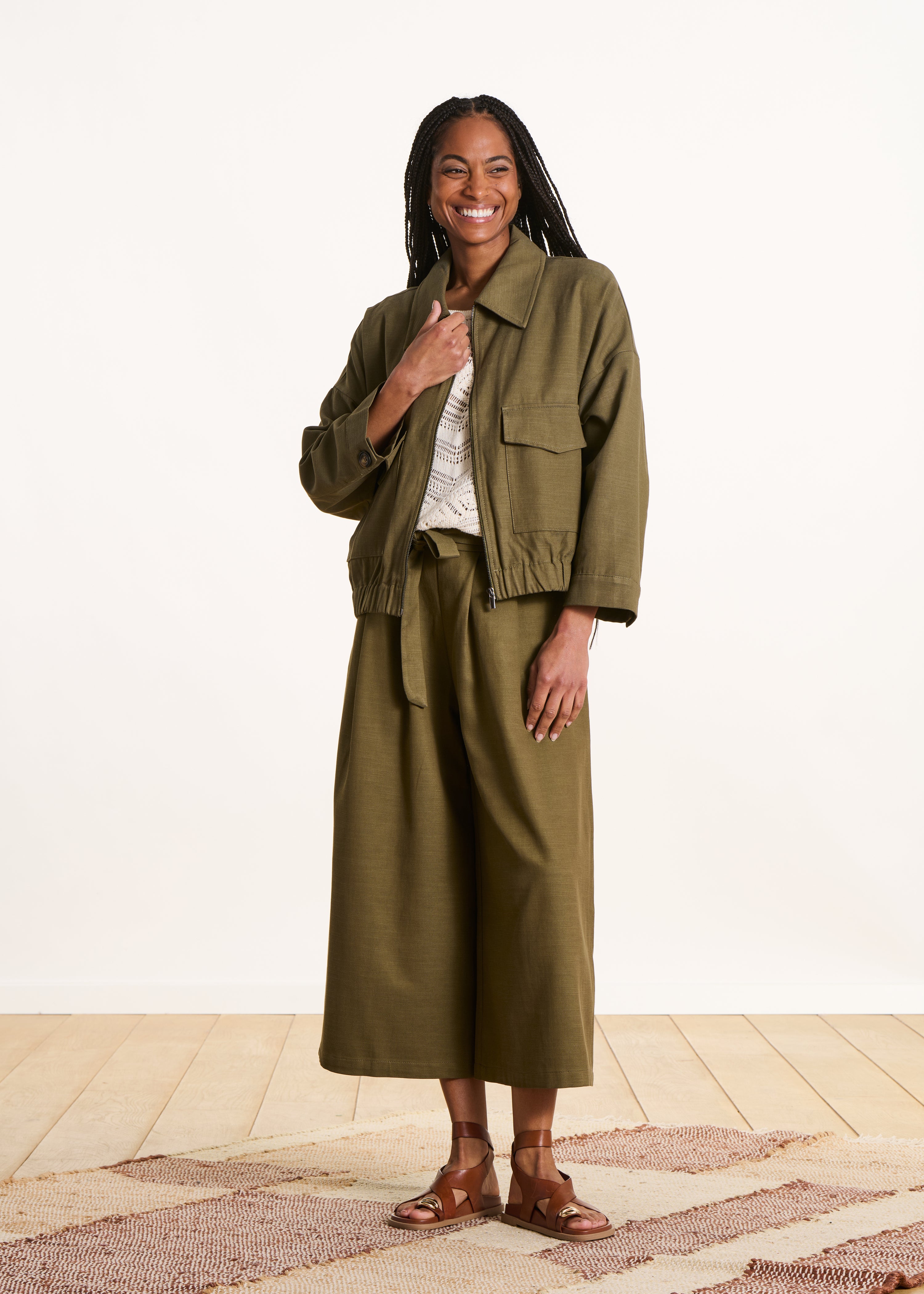 Kaki zip-up jacket with shirt collar