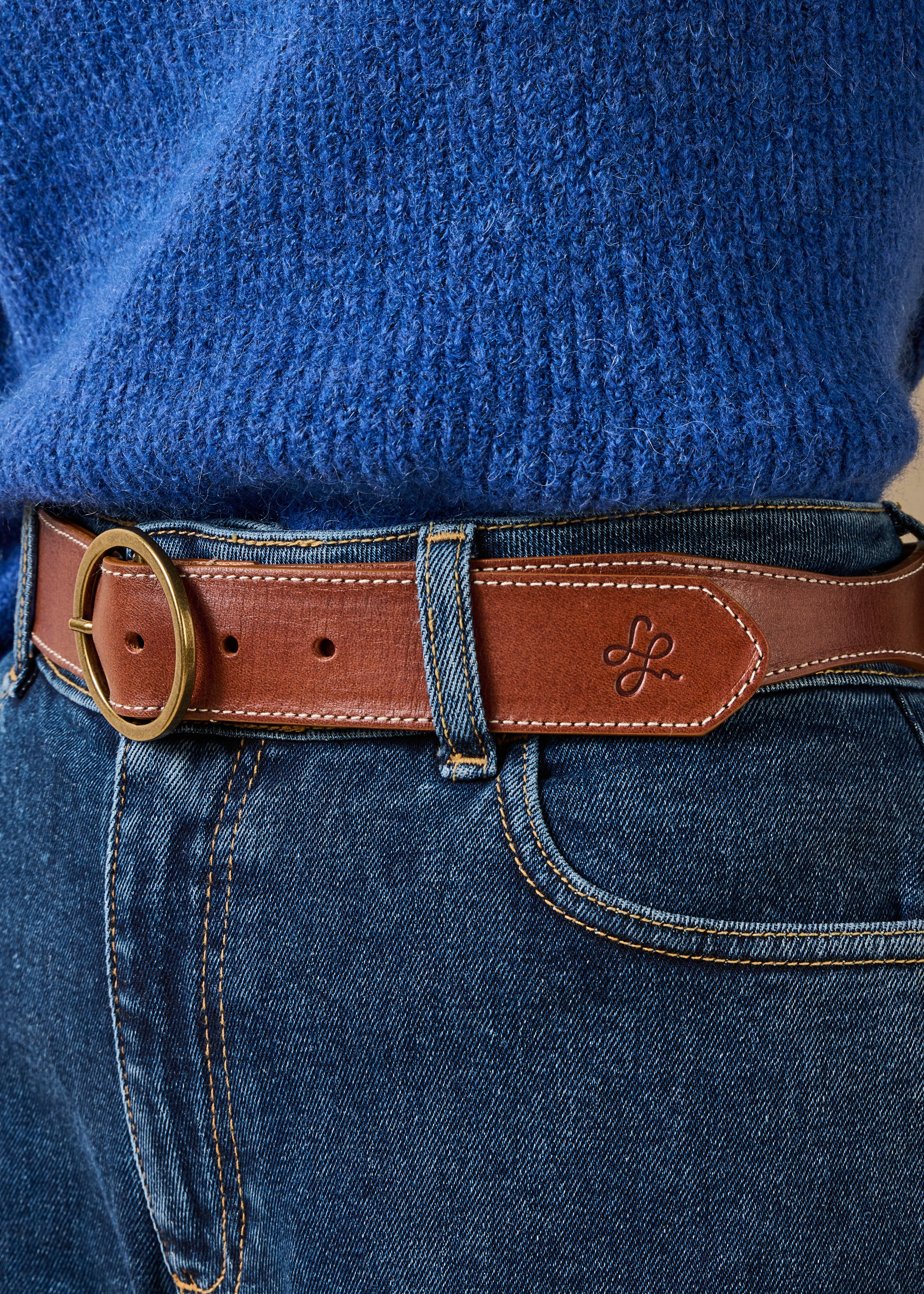Ceinture camel en cuir lisse boucle ronde
