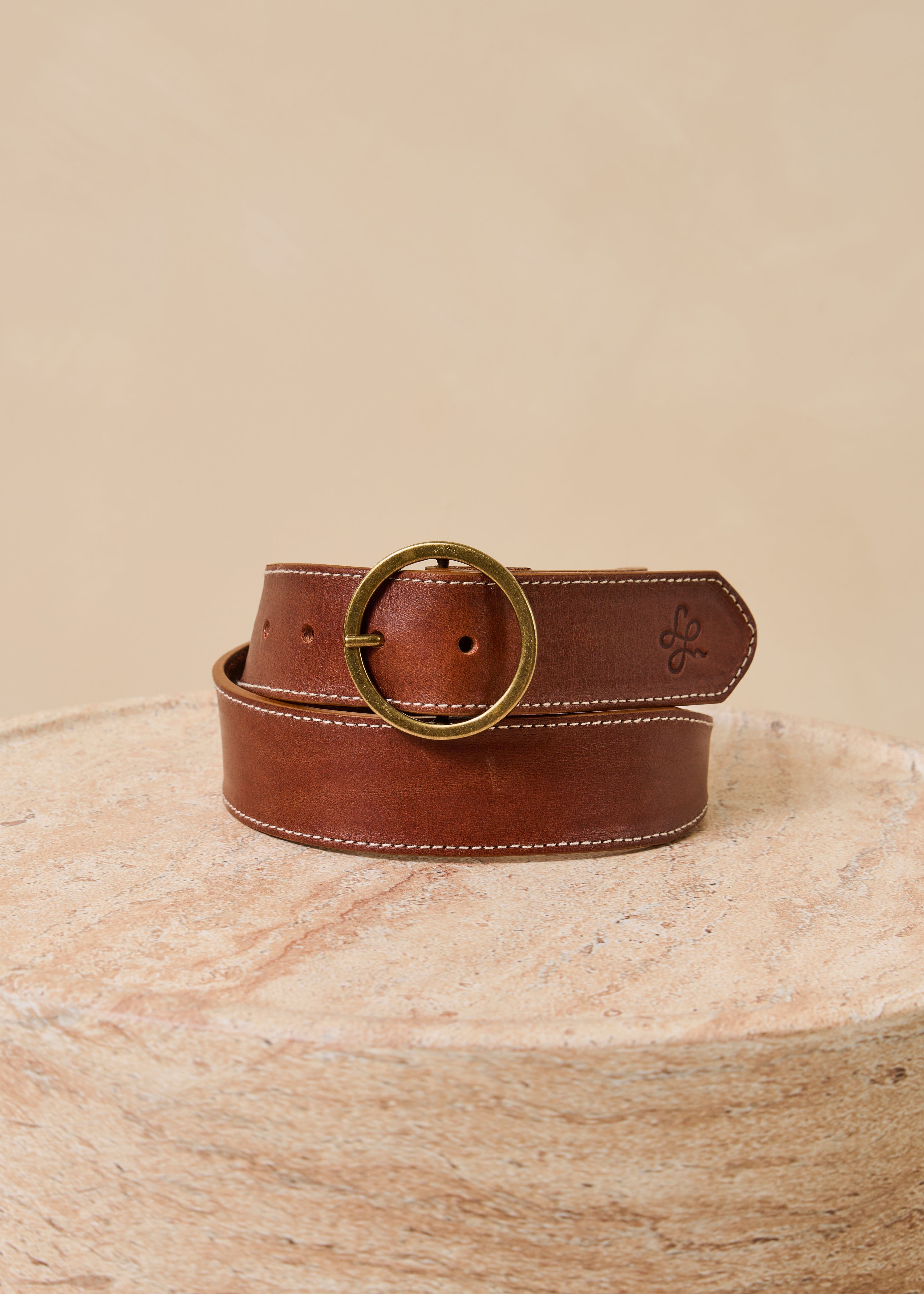Ceinture camel en cuir lisse boucle ronde