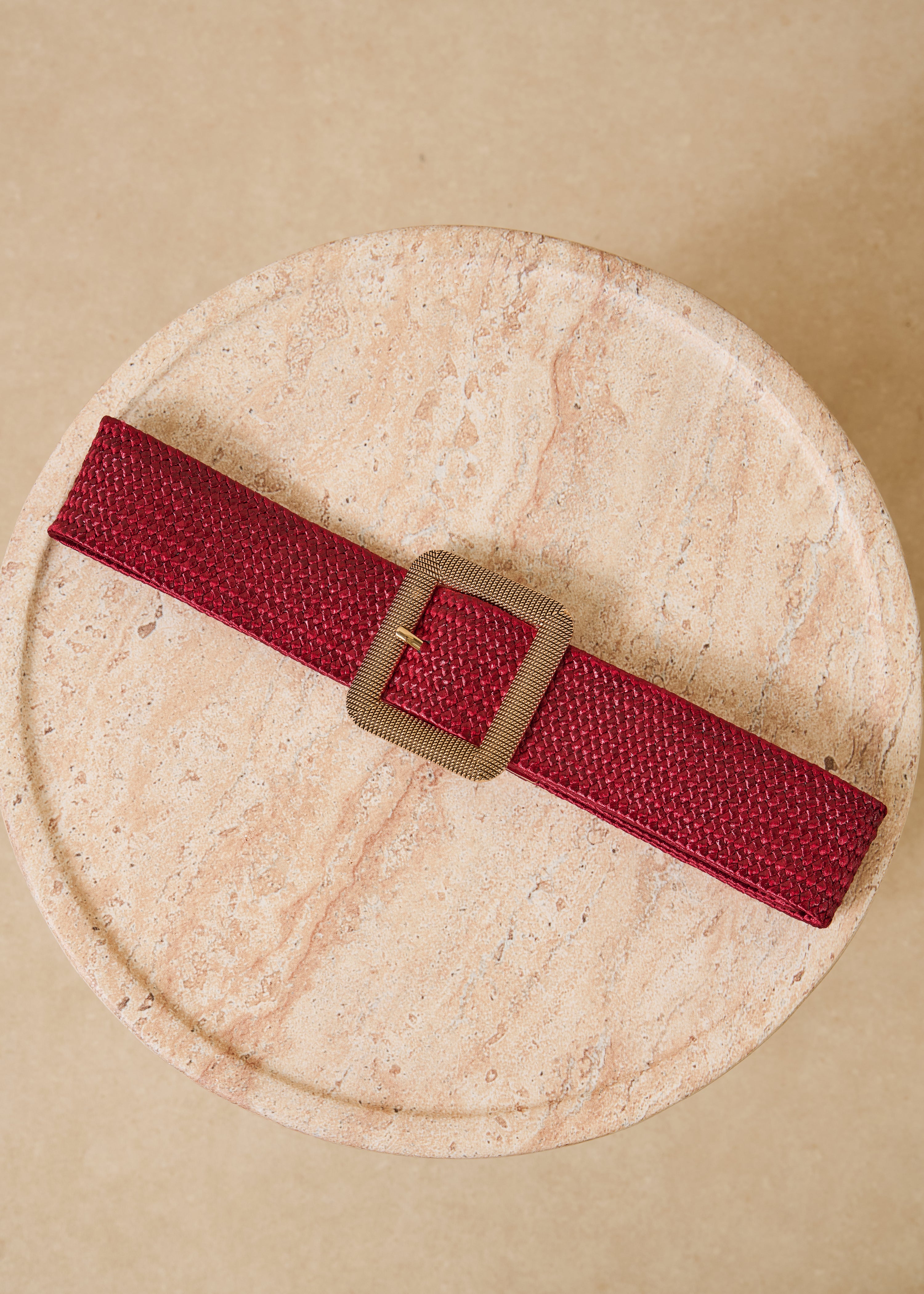 Wide Burgundy Elastic Belt with Rectangular Buckle