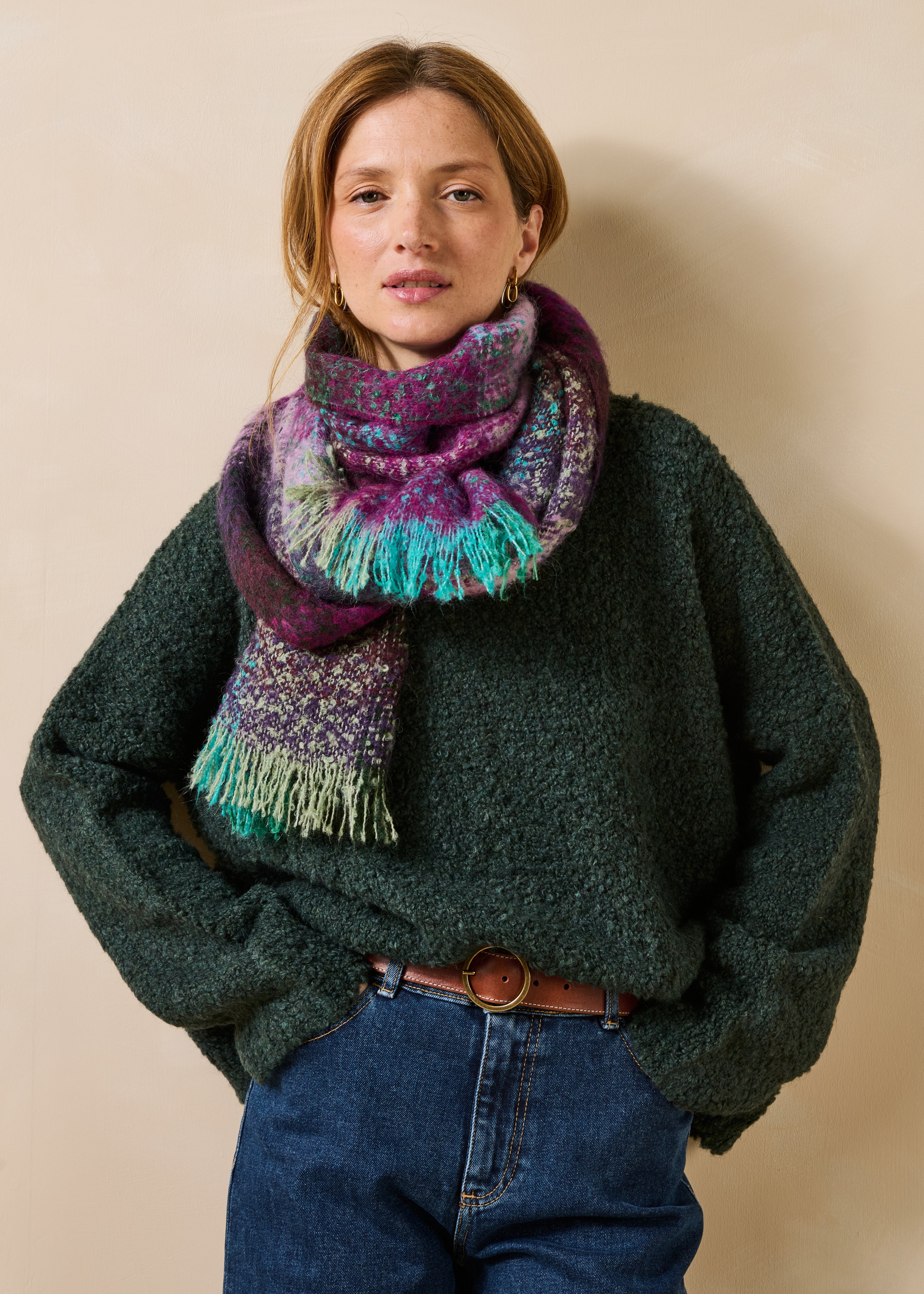 Purple and green checkered scarf