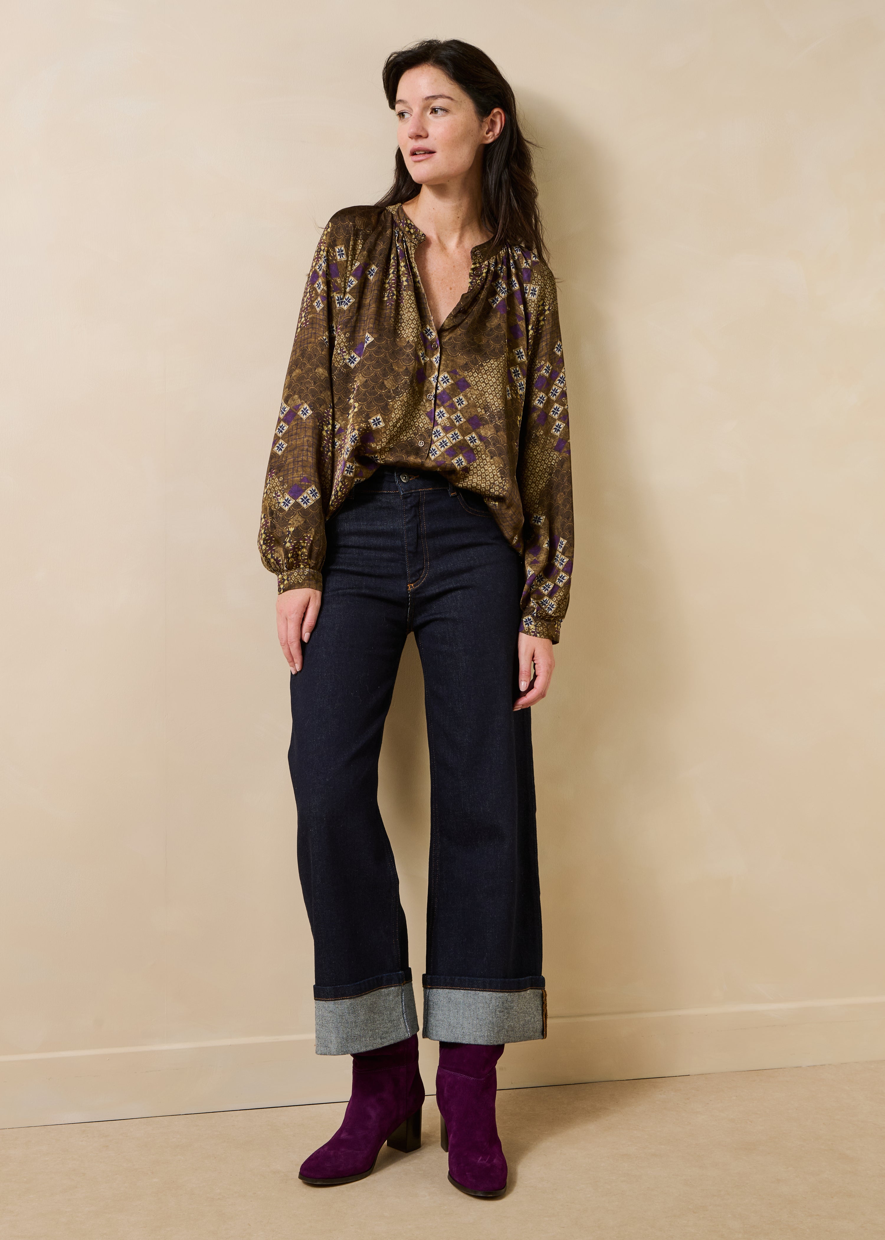 Camicia verde a maniche lunghe in satin stampato