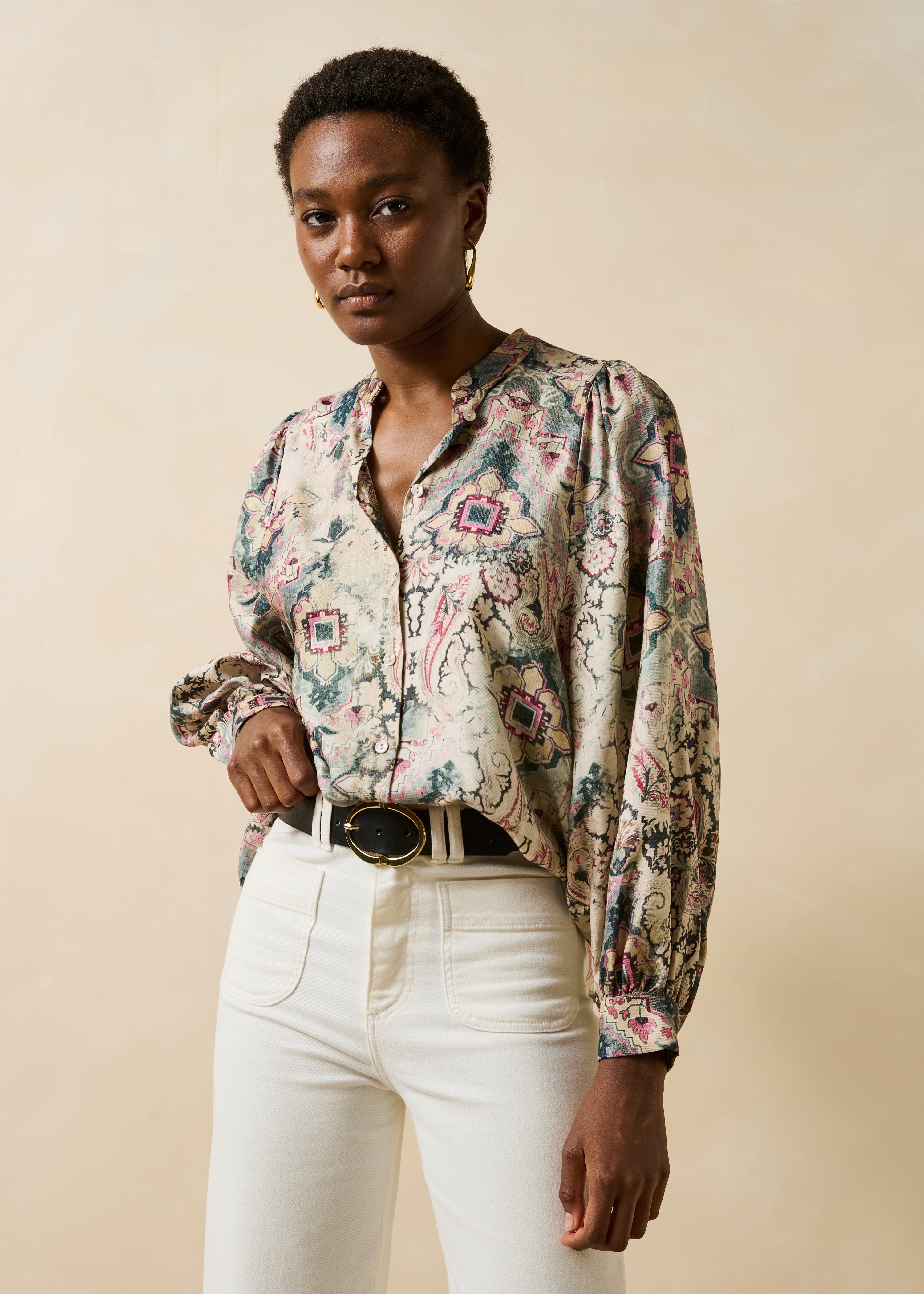 Chemise écrue manches longues à imprimé