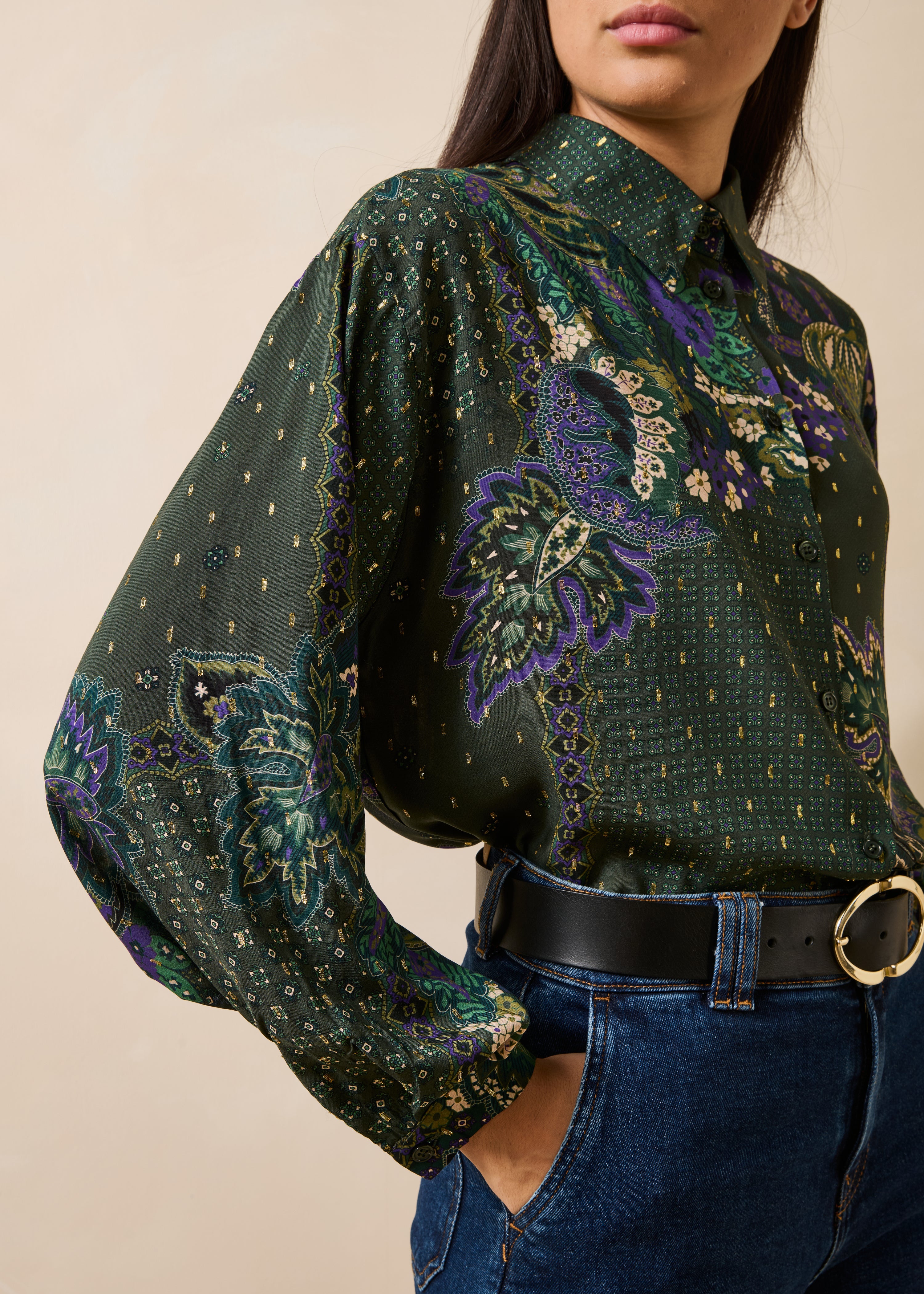Camicia verde ampia a maniche lunghe con stampa