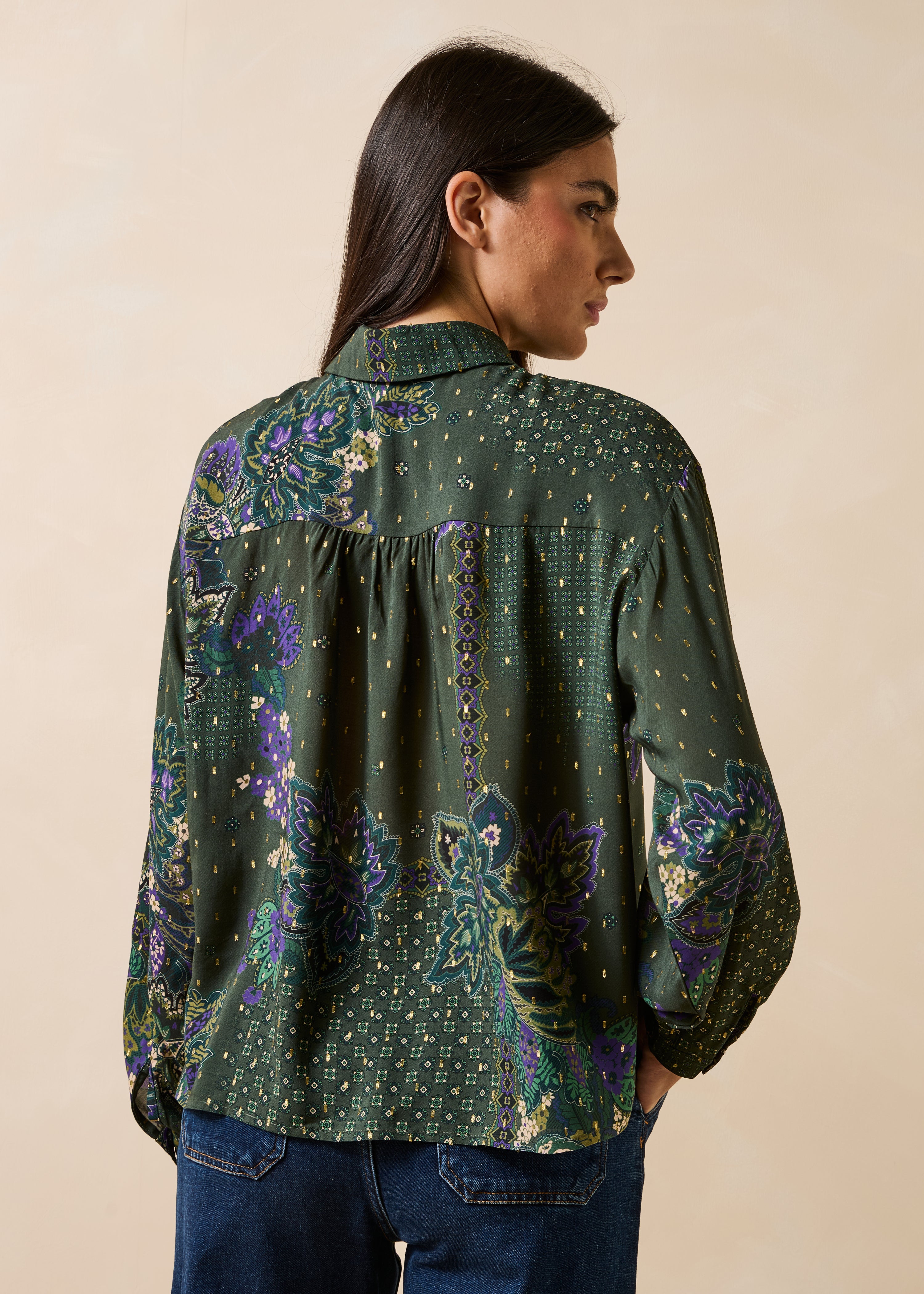 Camicia verde ampia a maniche lunghe con stampa