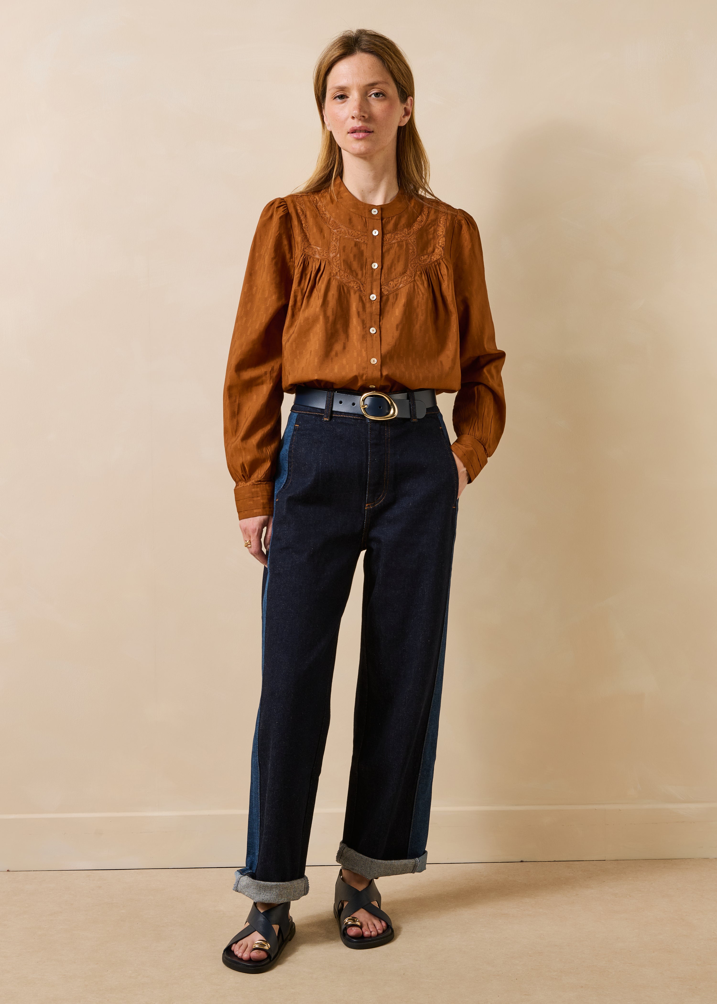 Chemise cognac en jacquard manches longues