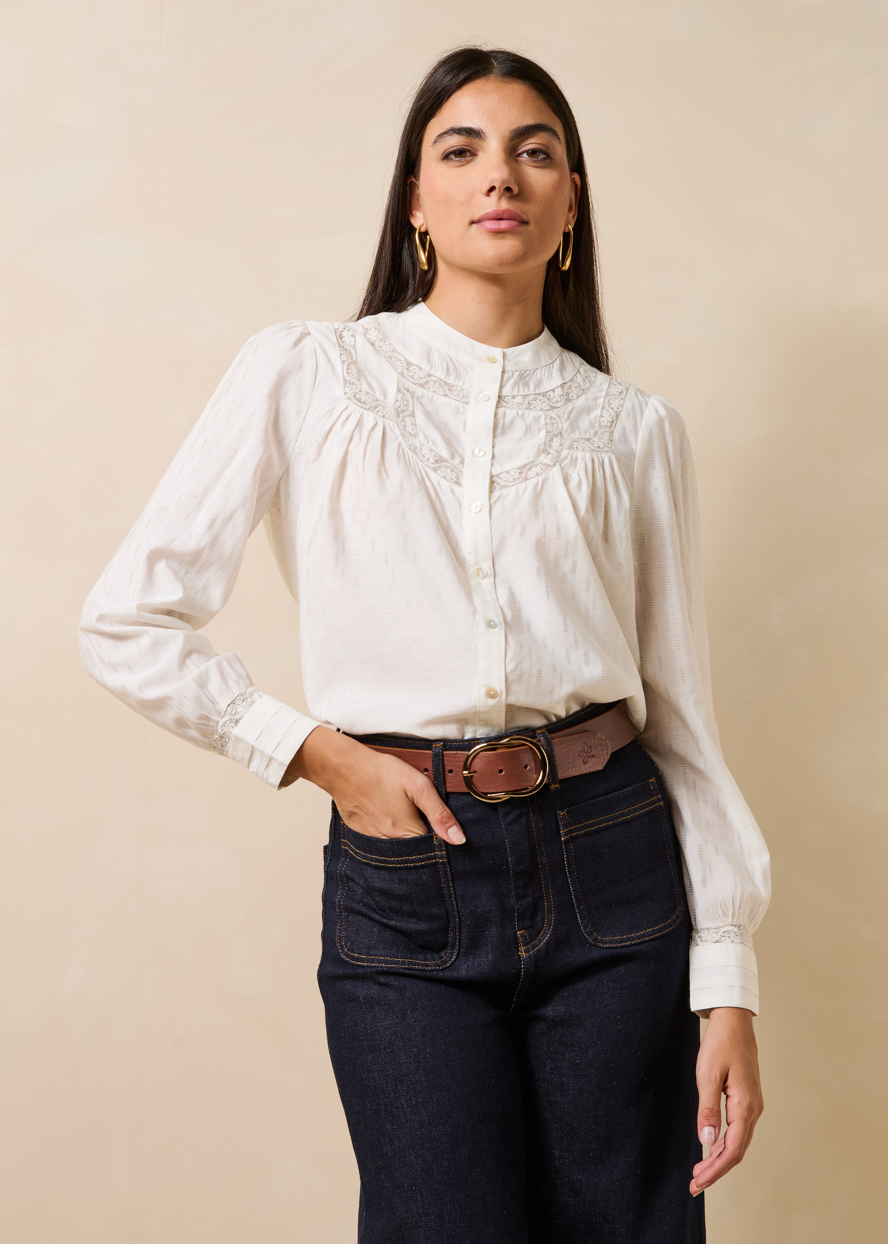 Chemise blanche en jacquard manches longues