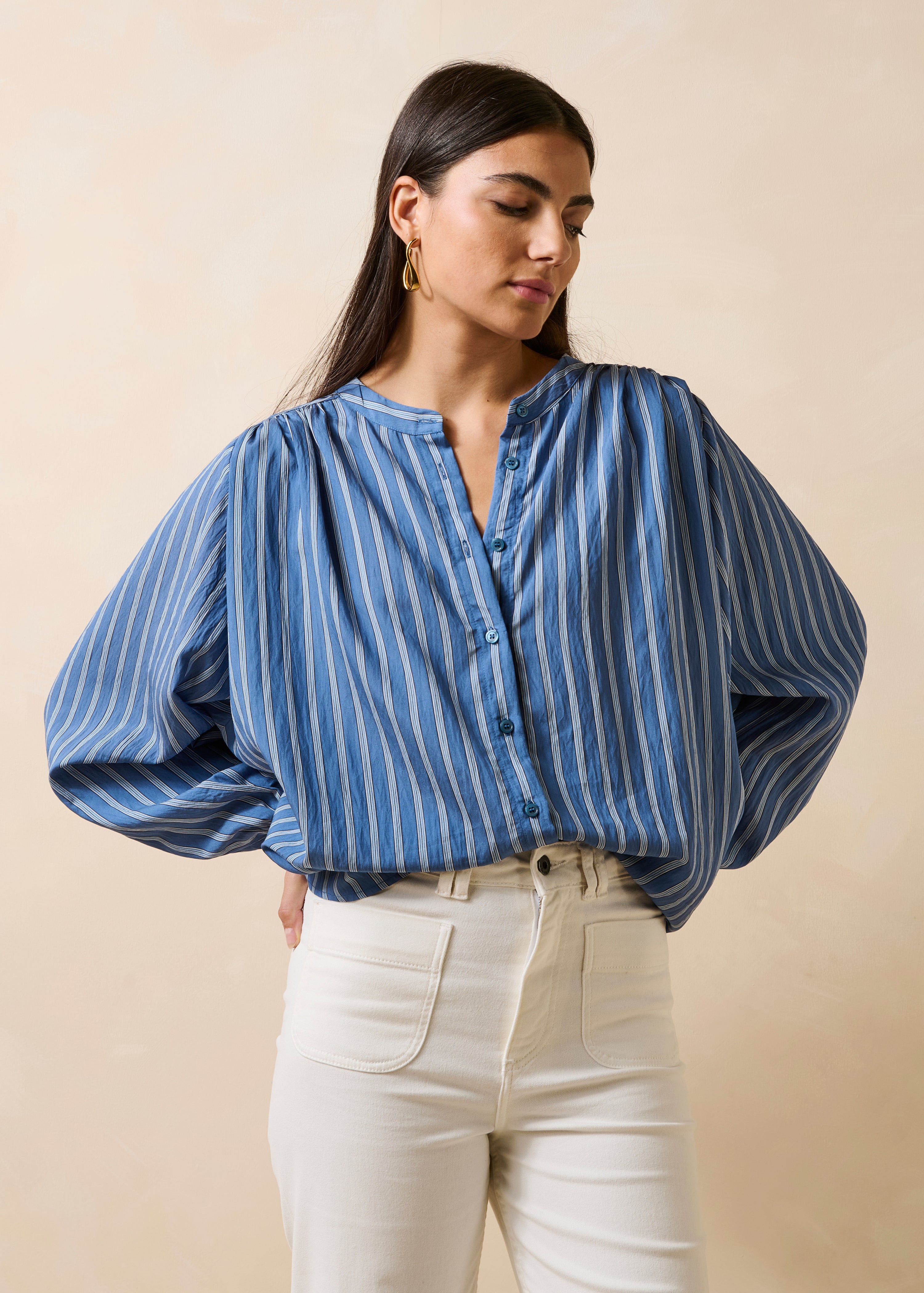 Blauw gestreept overhemd met lange mouwen en mao-kraag