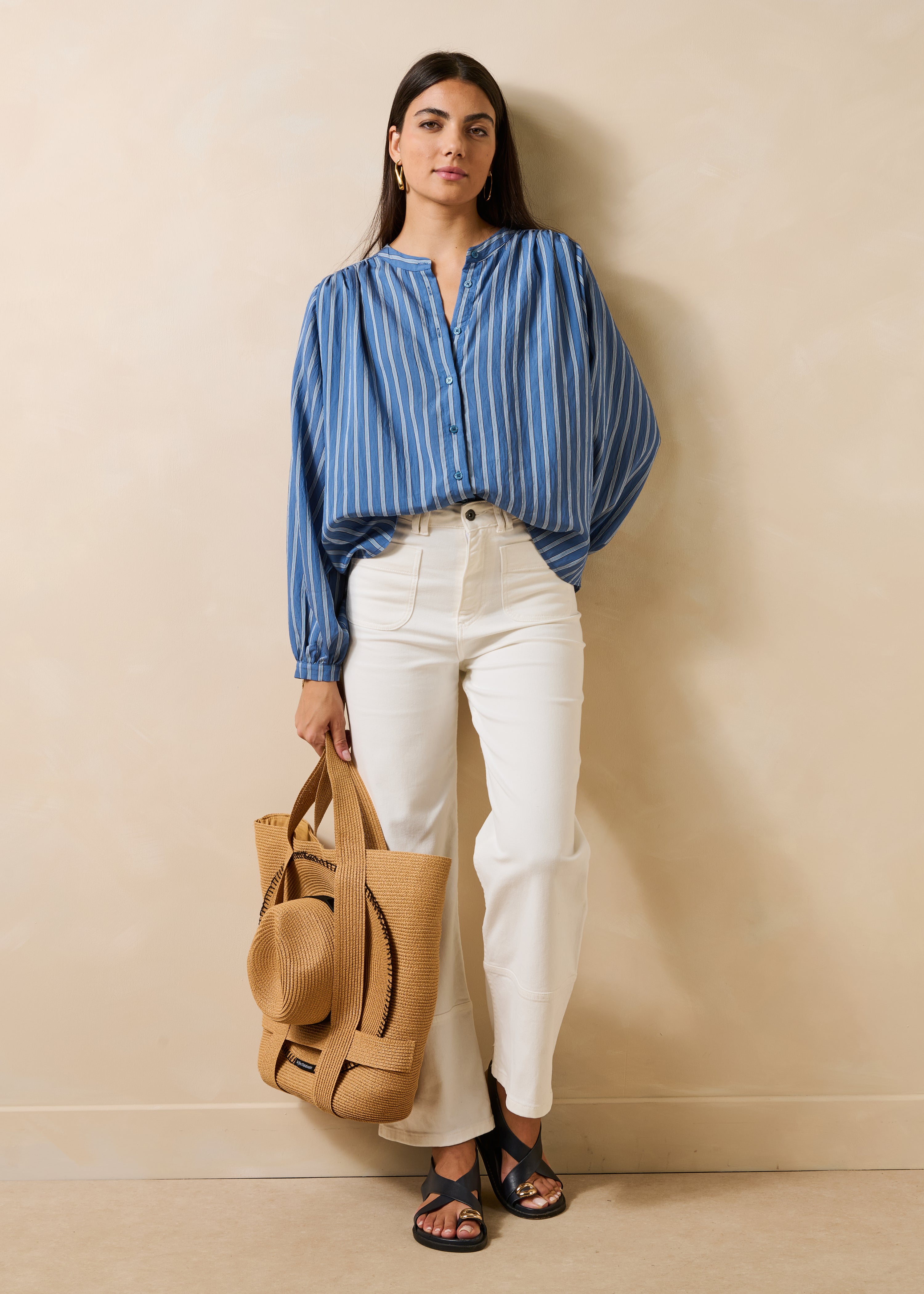 Chemise bleue à rayures manches longues col mao