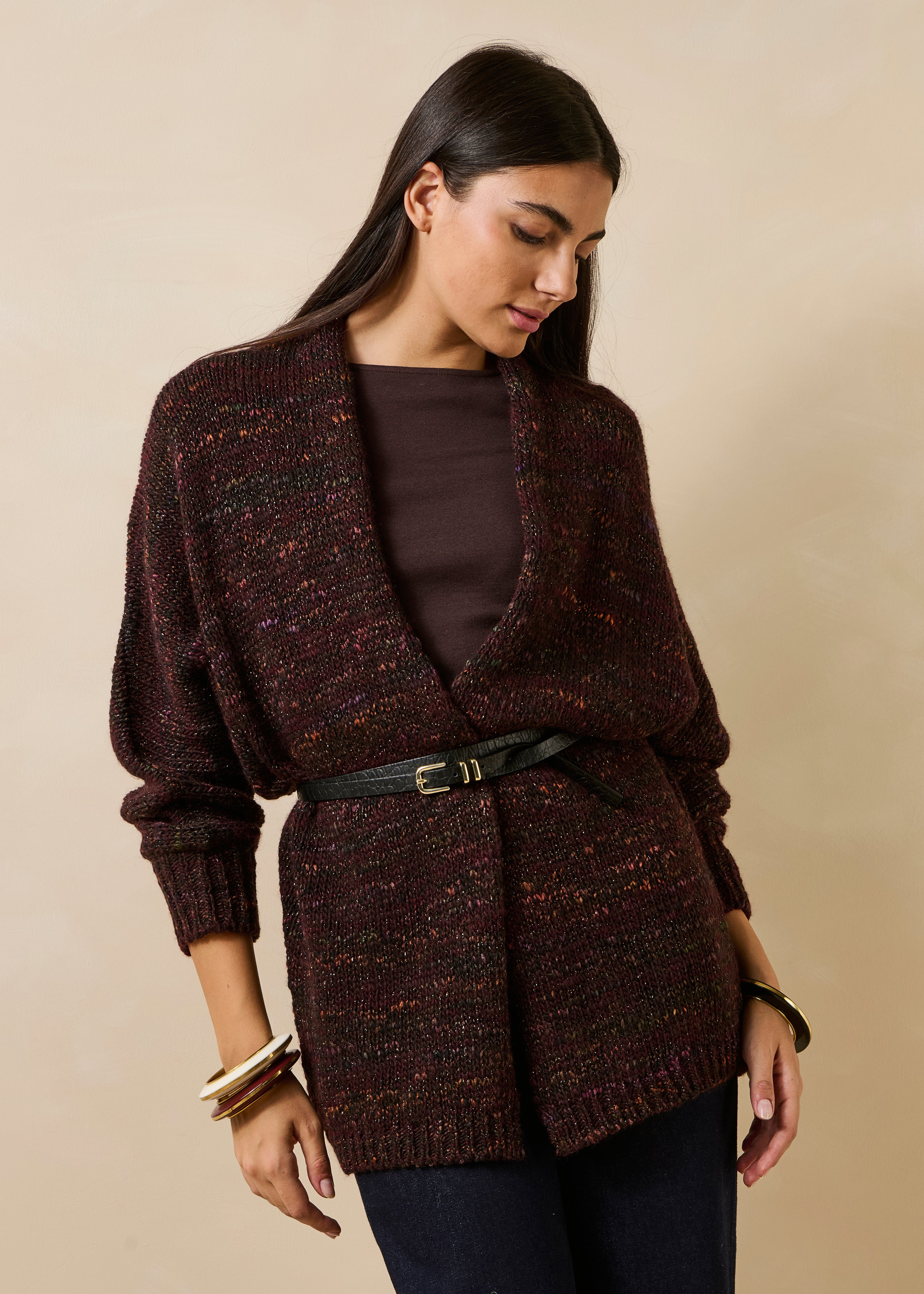 Oversized mid-length brown cardigan in shimmering knit
