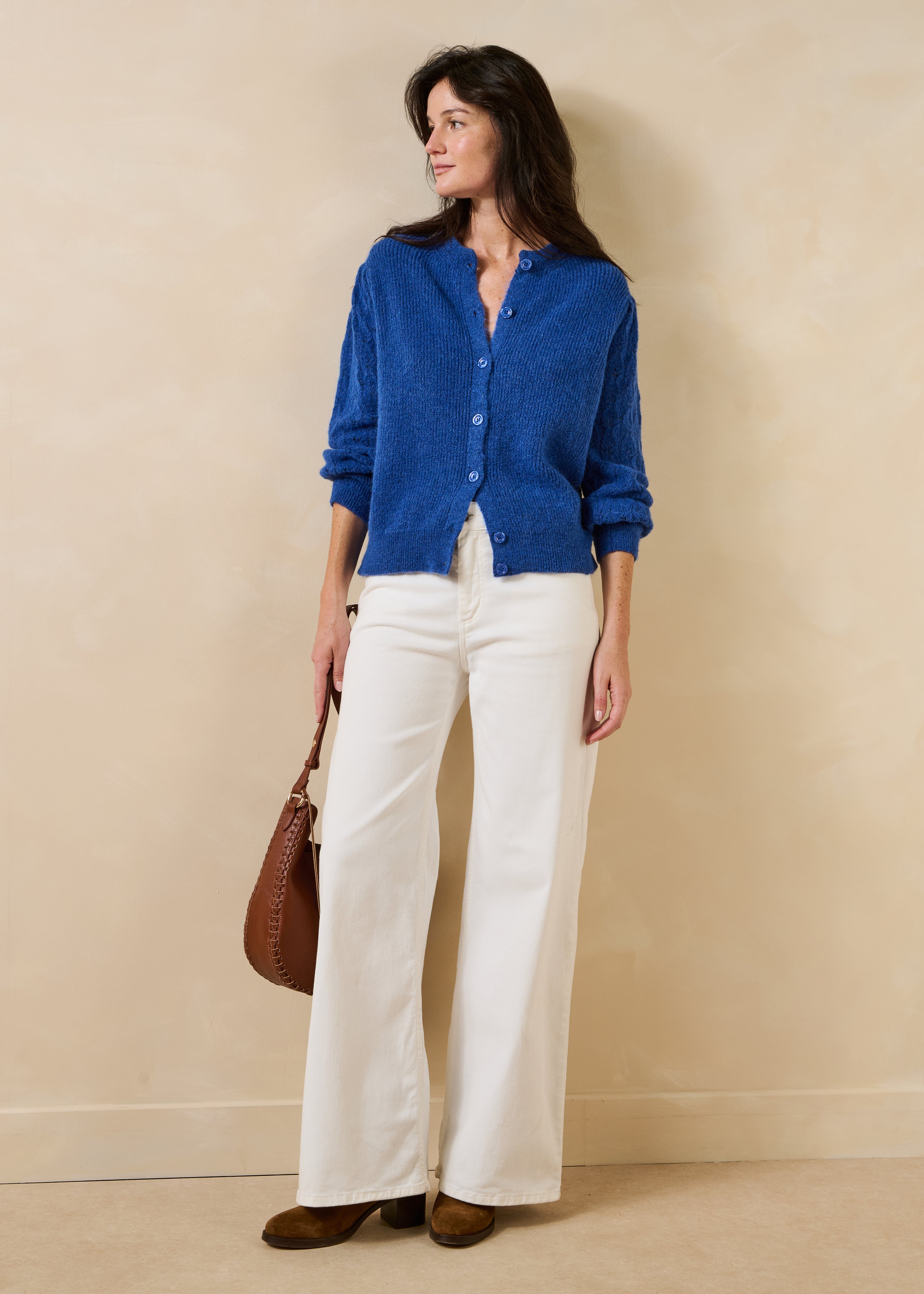 Navy blue long-sleeve cardigan with round neckline