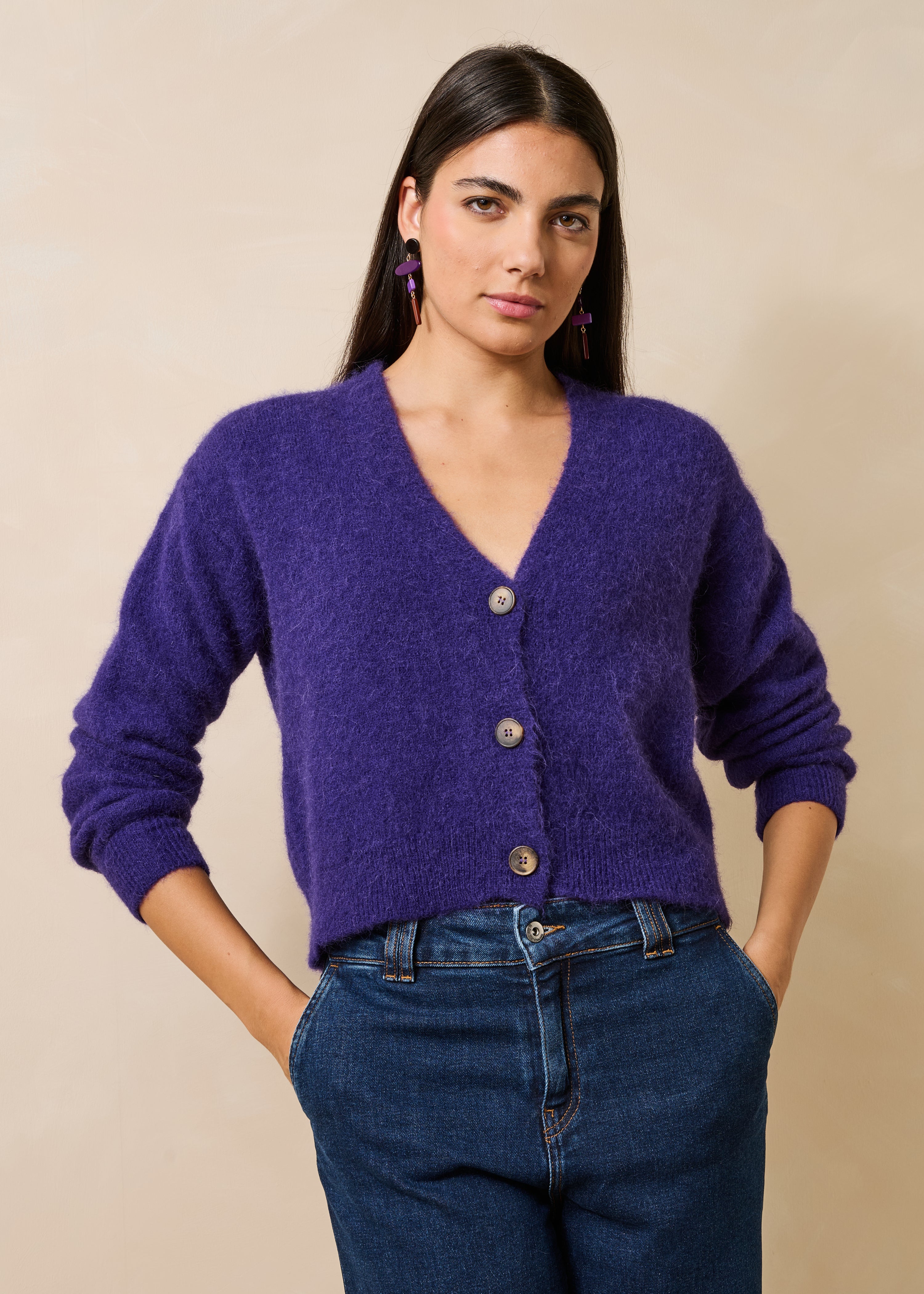 Gilet violet court en alpaga col V