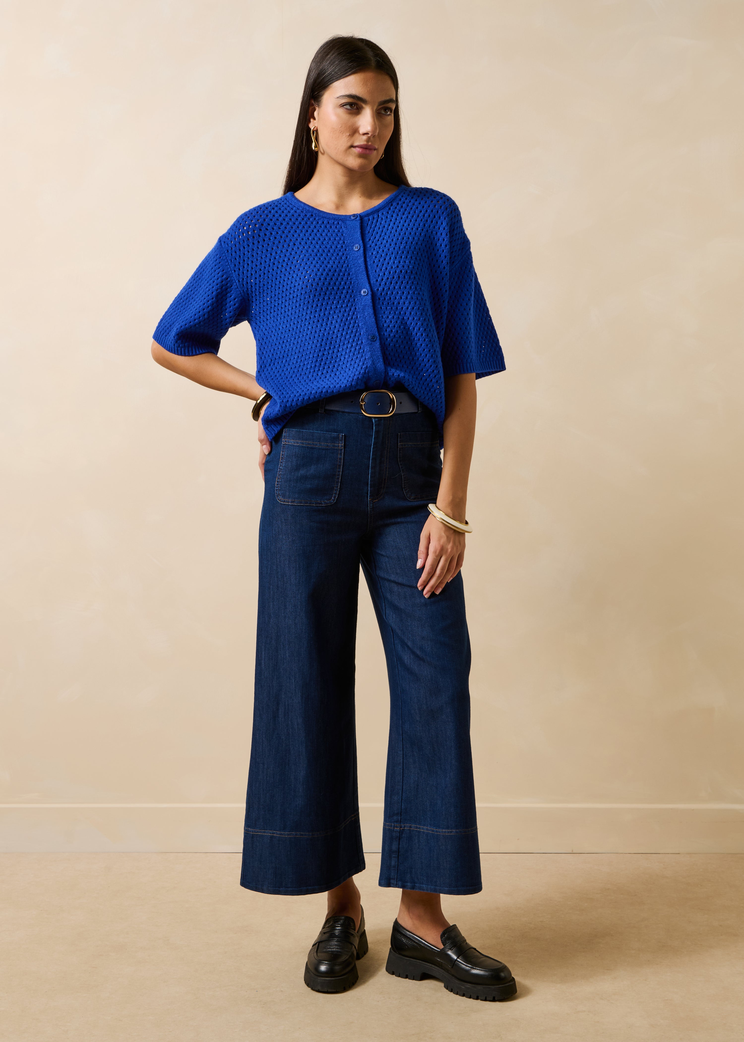 Royal blue short-sleeve round-neck cardigan