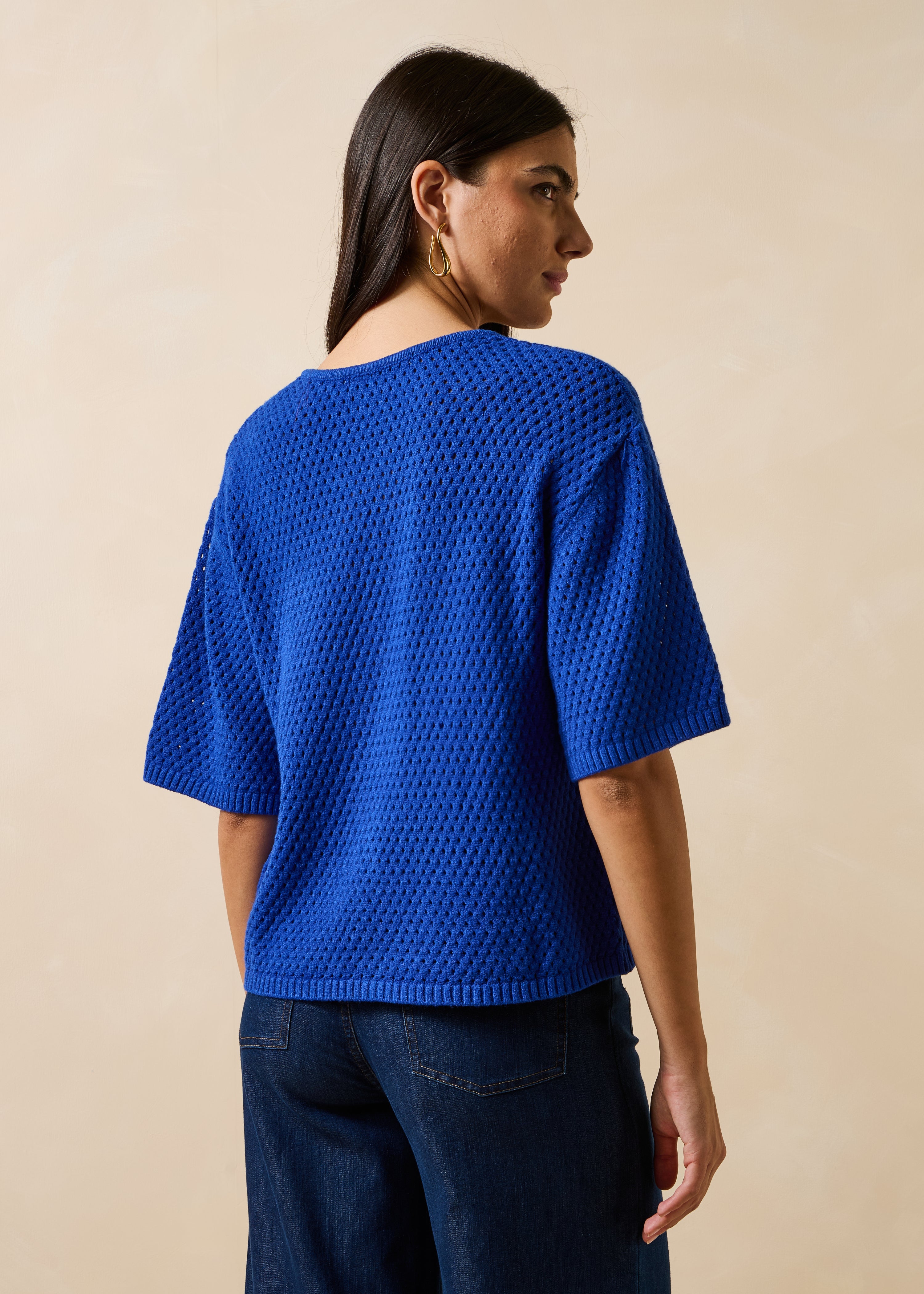 Royal blue short-sleeve round-neck cardigan
