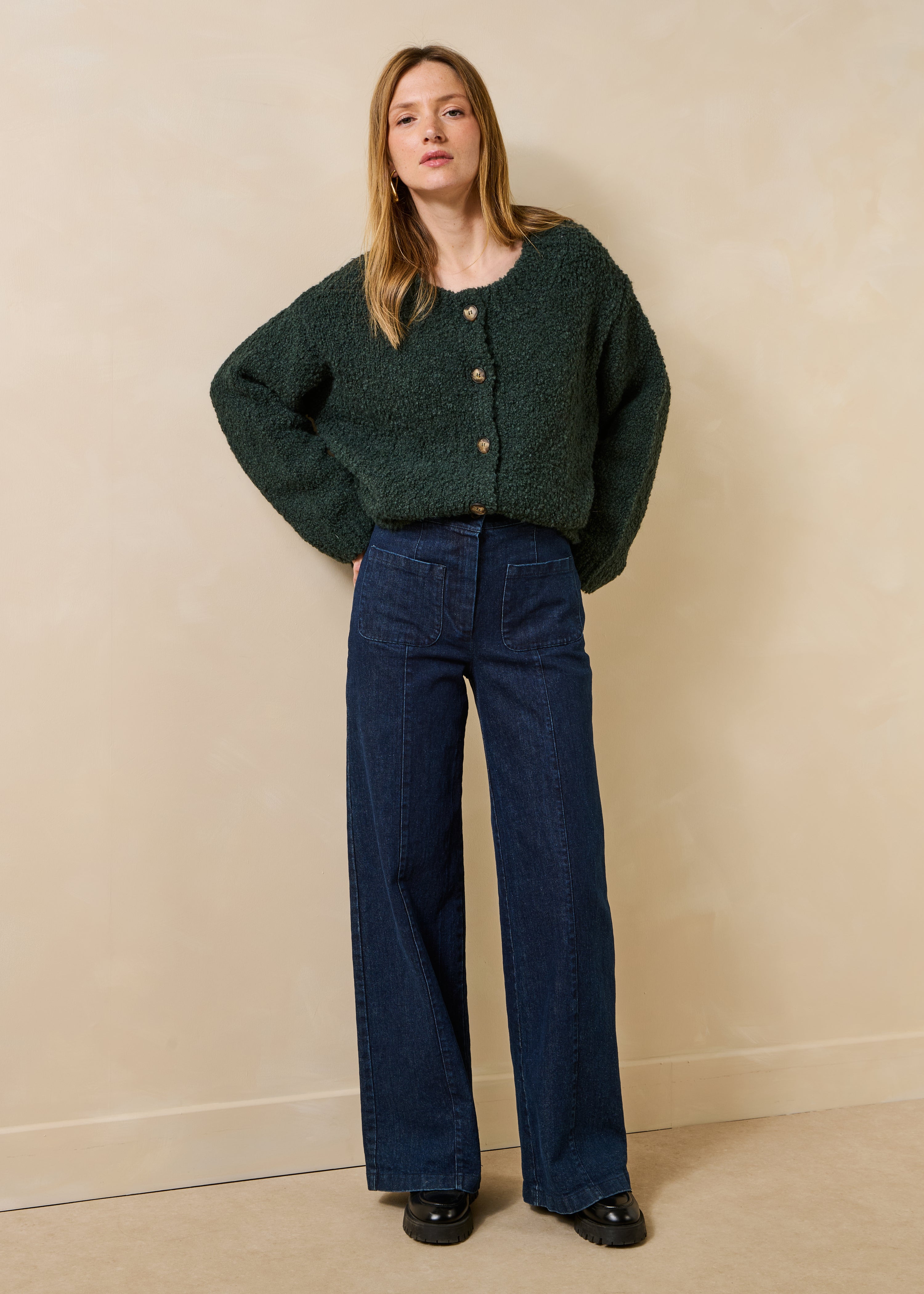 Bottle green boucle knit round neck cardigan