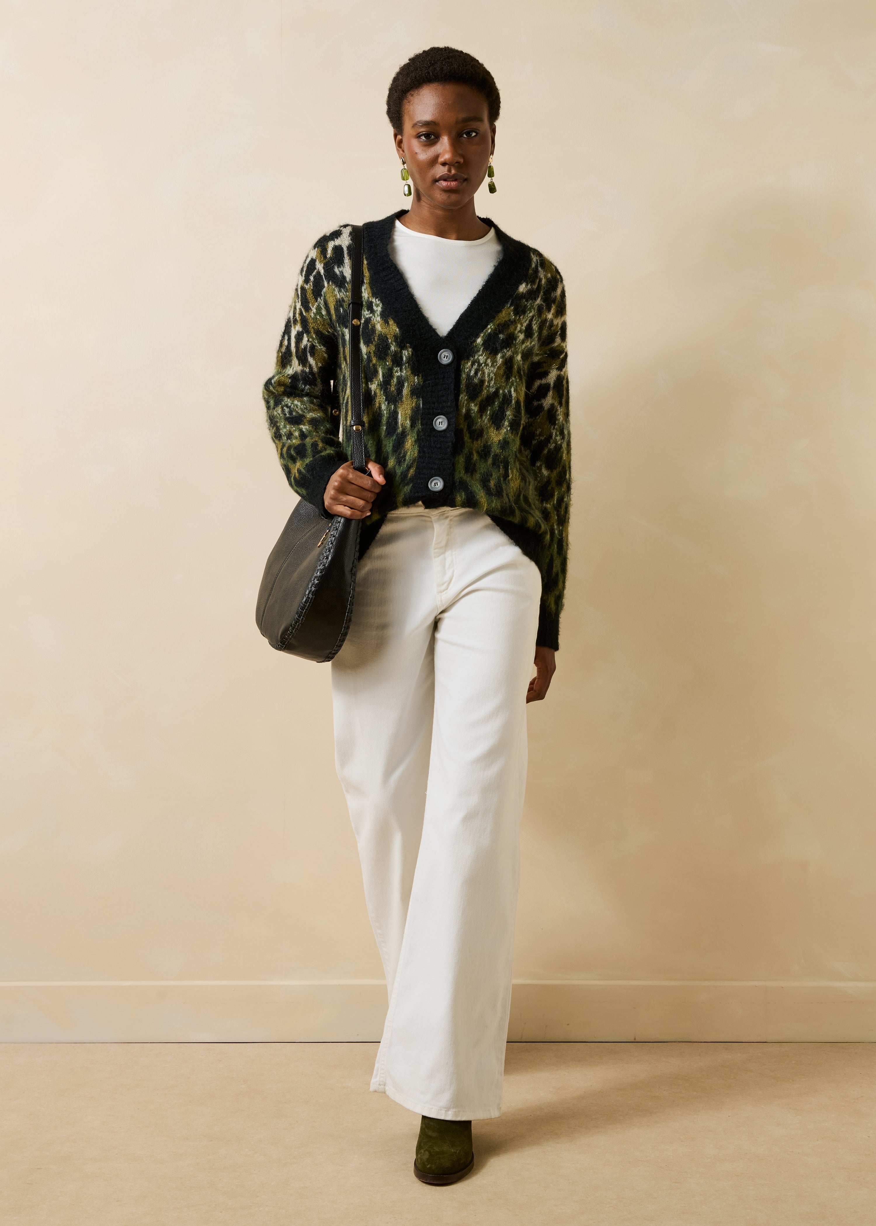Kaki-Jacke mit Leopardenmuster und langen Ärmeln aus Jacquard