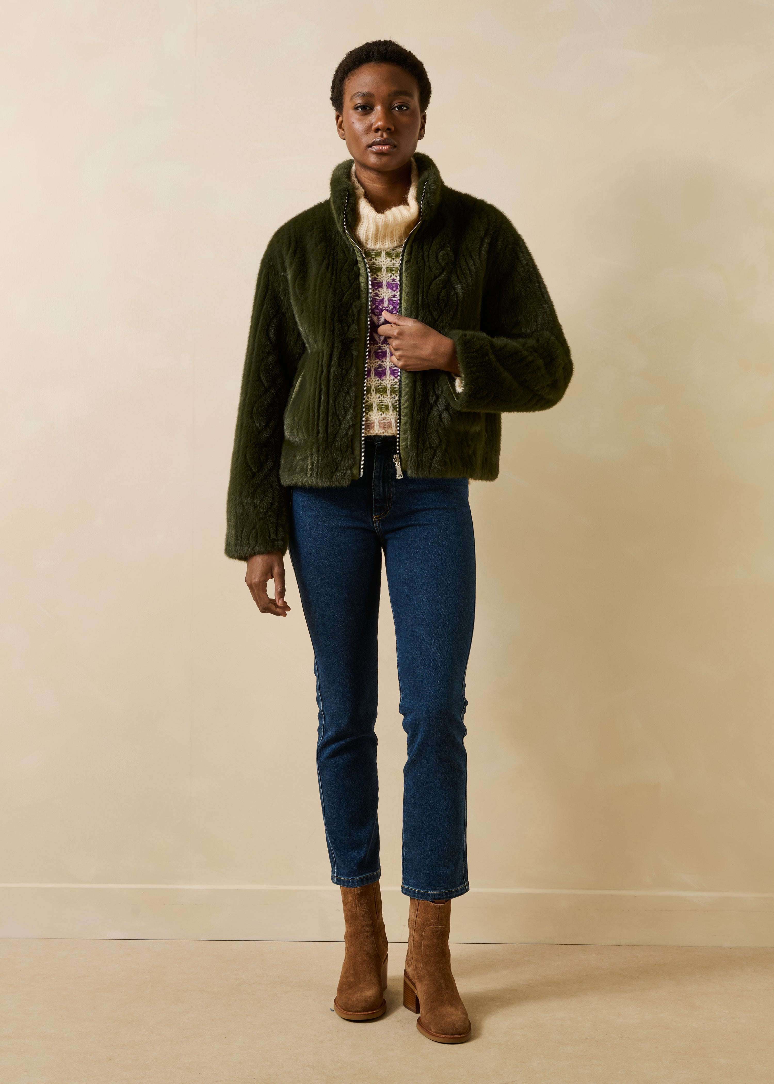 Blouson court kaki réversible col montant