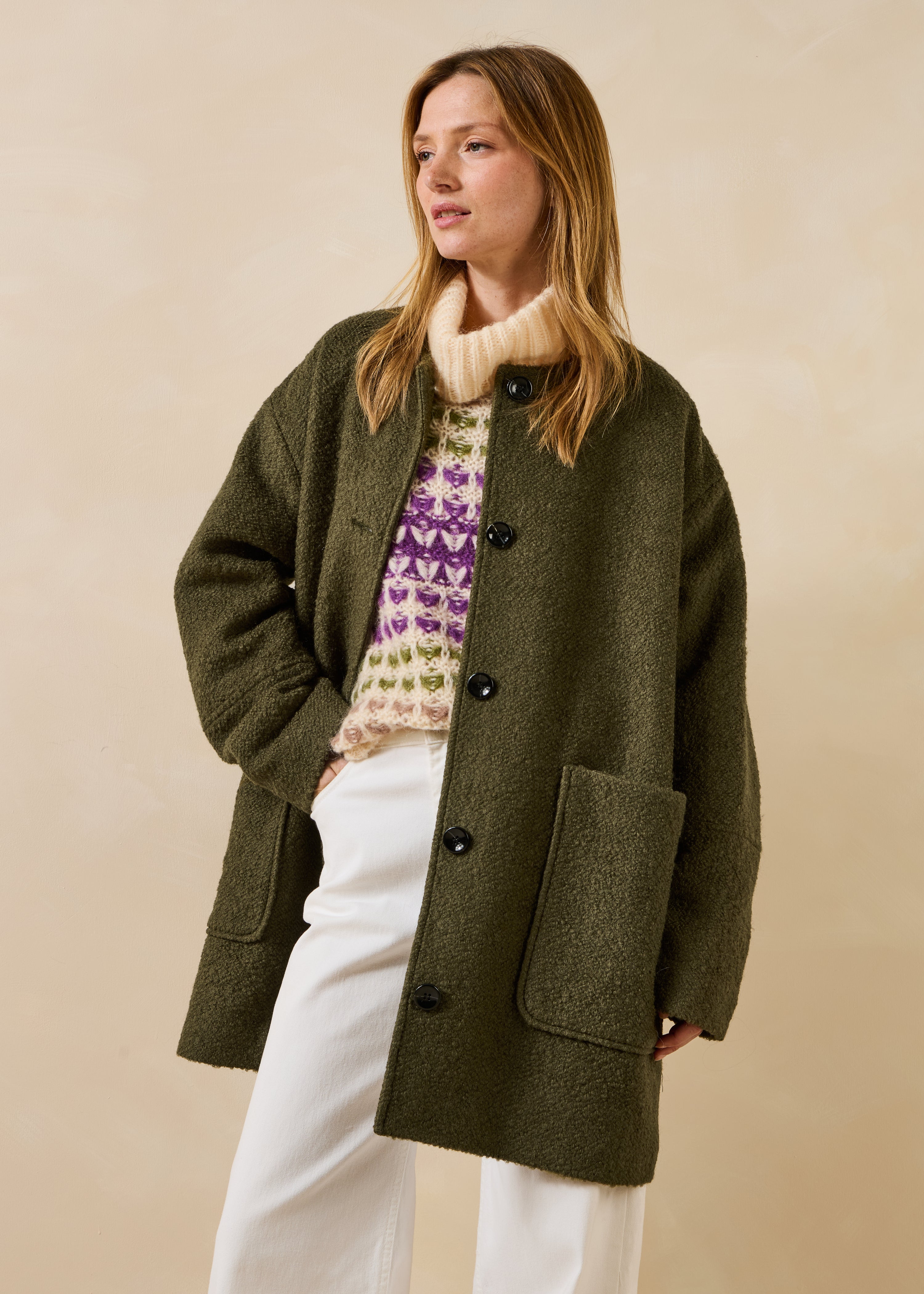 Manteau kaki col montant en laine