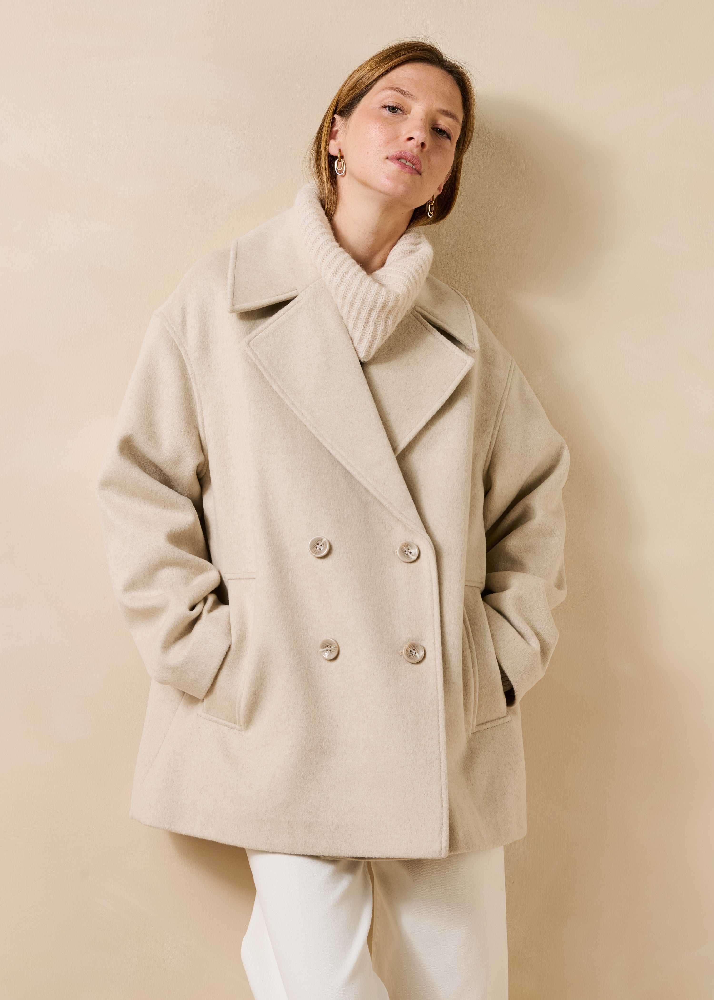 Manteau écru caban en laine