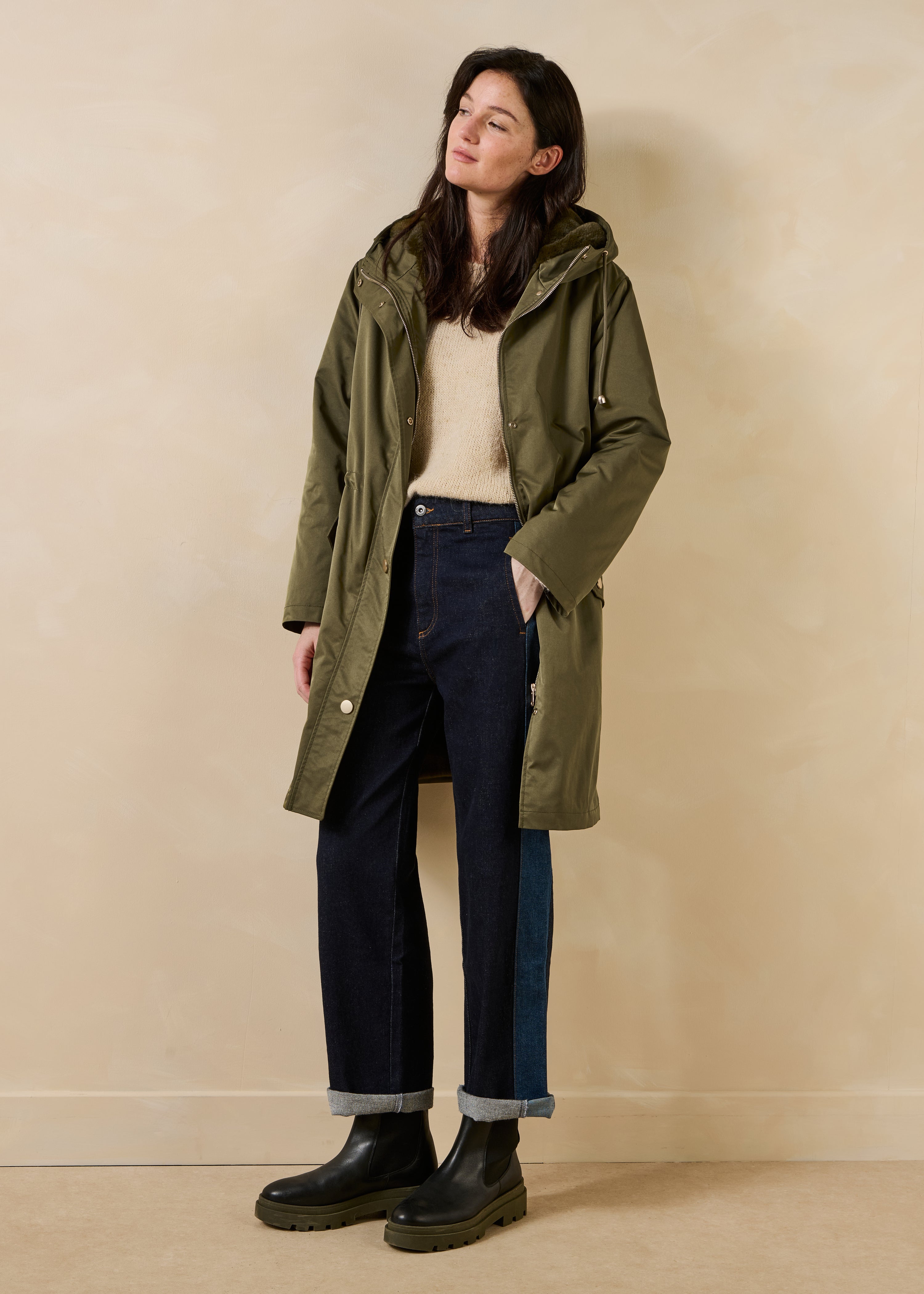 Lange kaki parka met capuchon en nepbont