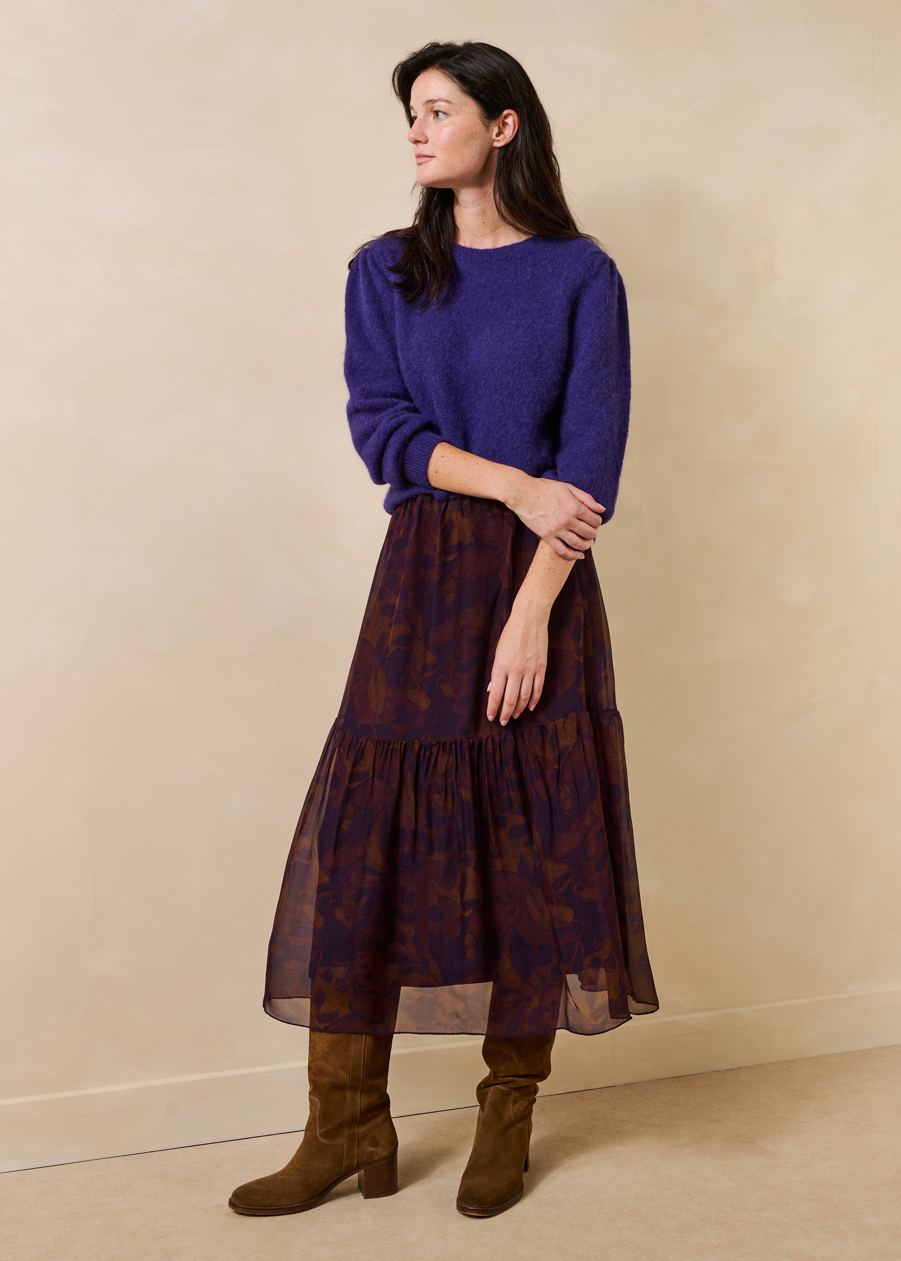 Jupe longue violette élastiquée à imprimé floral