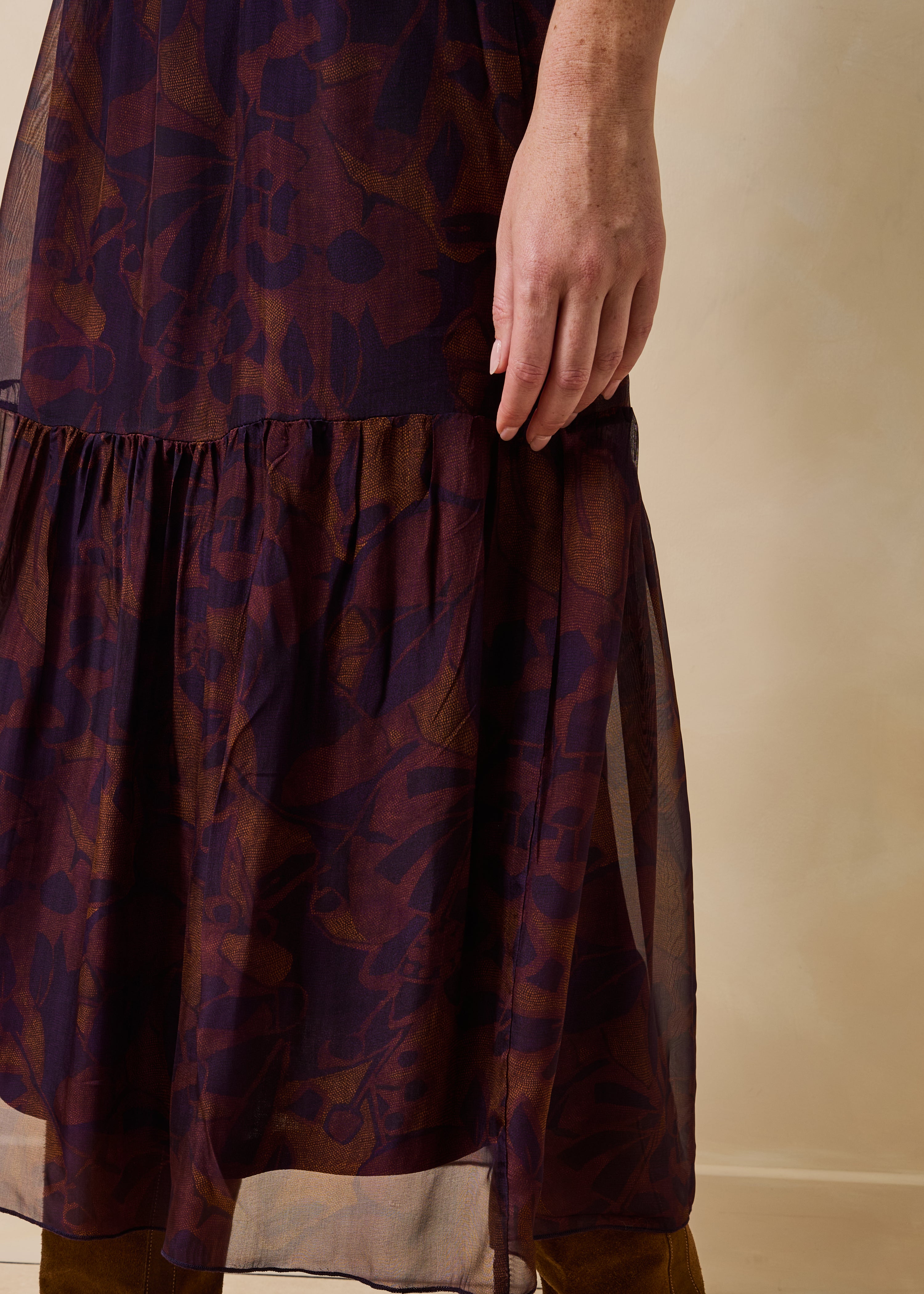 Jupe longue violette élastiquée à imprimé floral