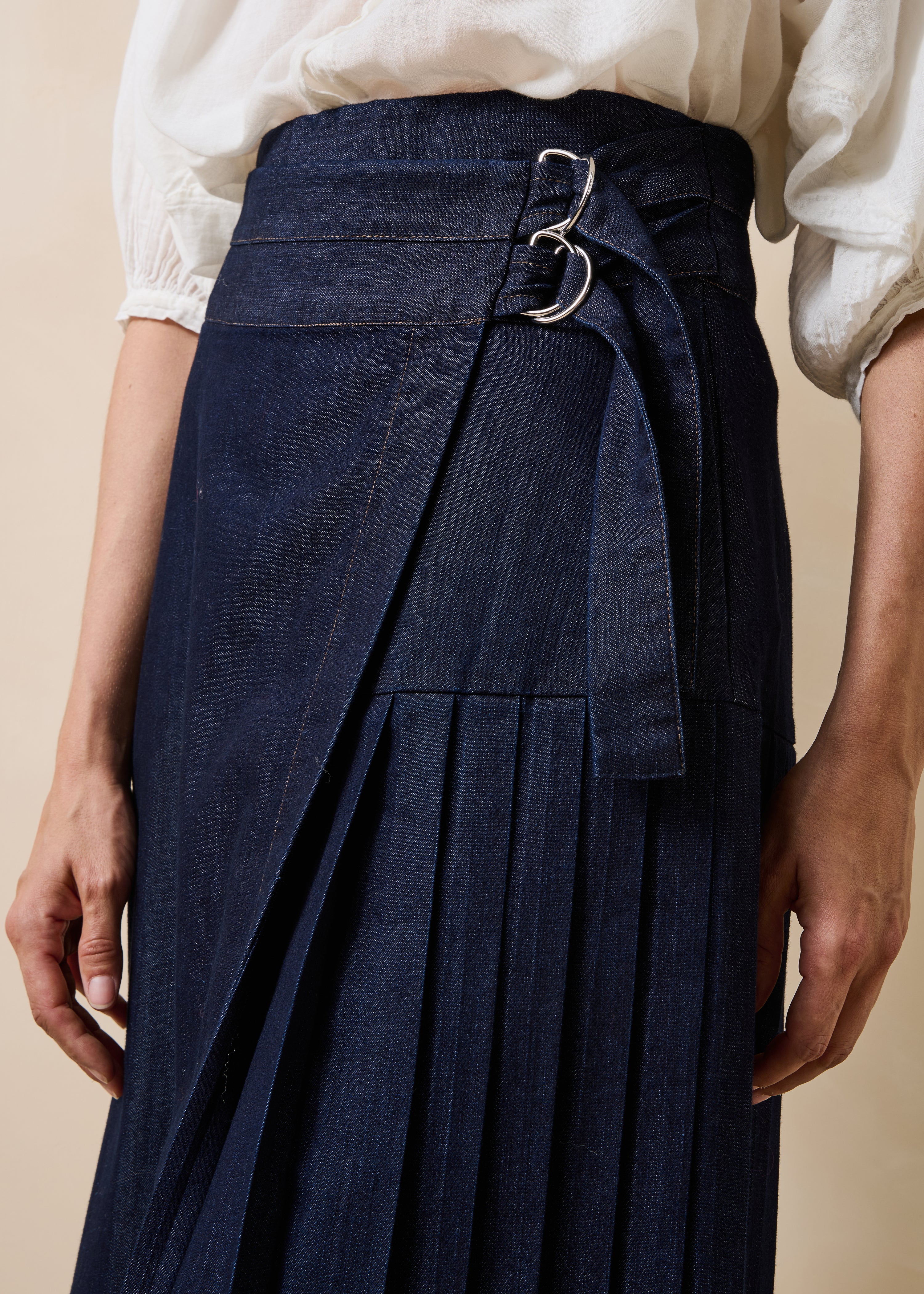 Raw denim wrap midi skirt