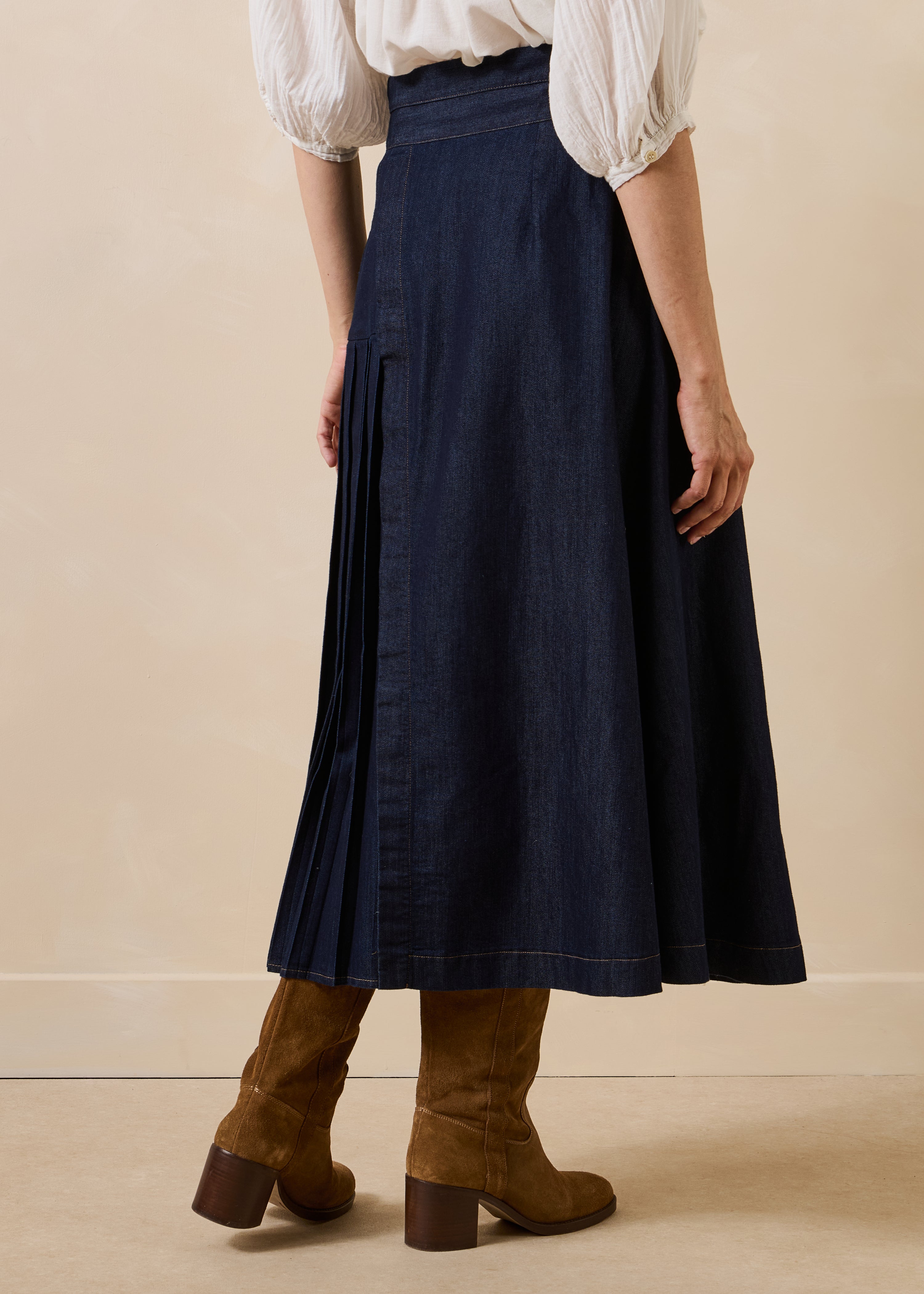 Raw denim wrap midi skirt
