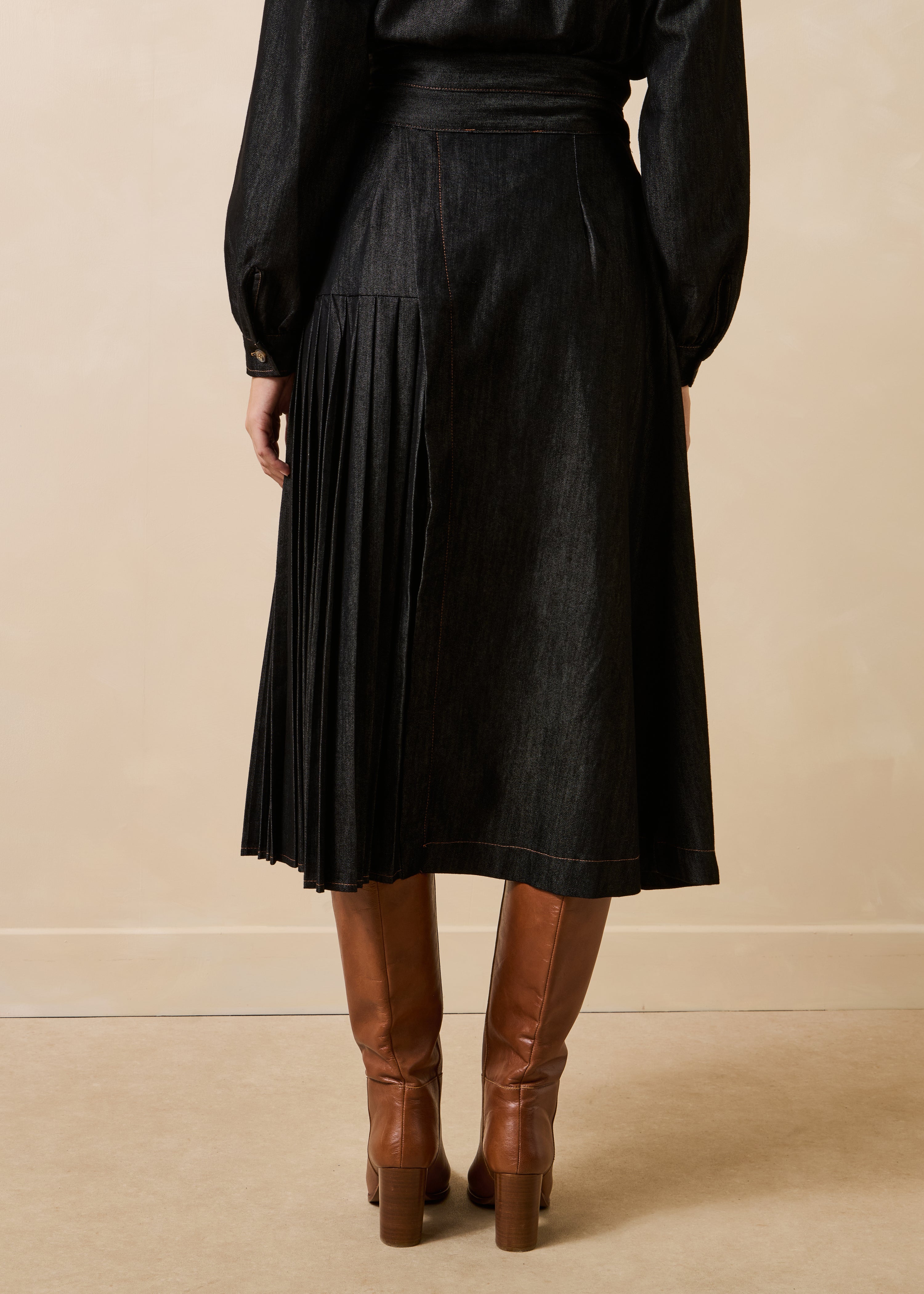 Black denim midi wrap skirt