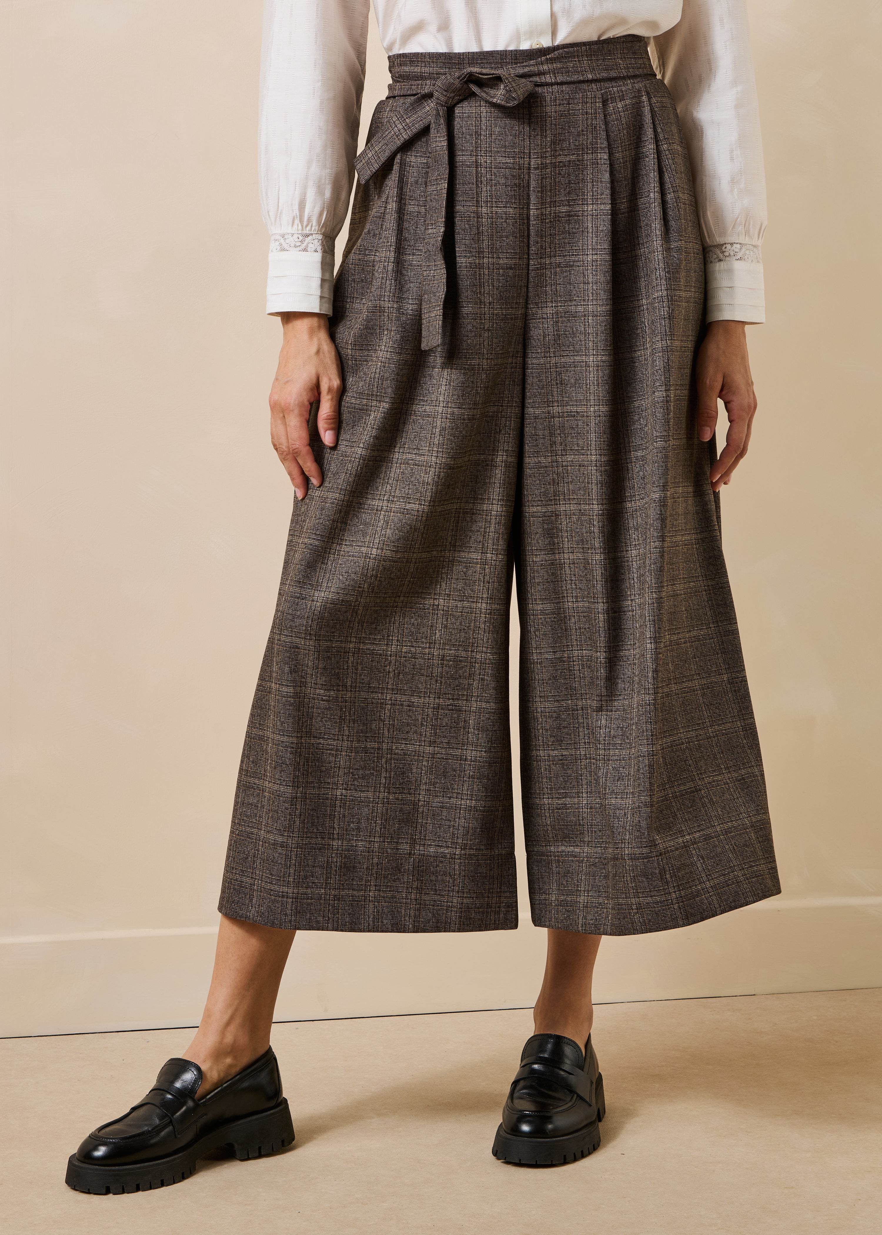Brown Checked 7/8 Culotte Skirt Pants