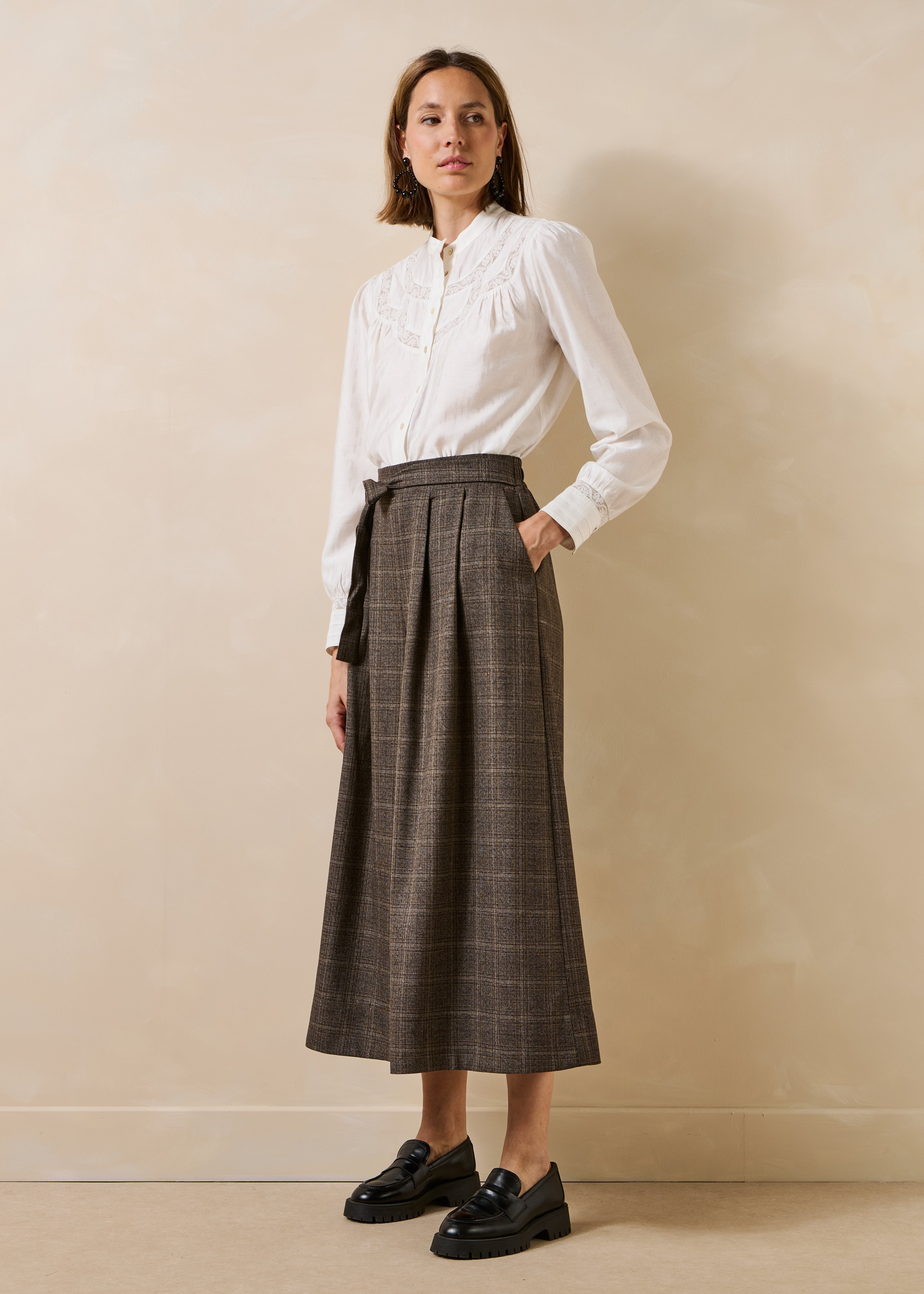 Brown Checked 7/8 Culotte Skirt Pants