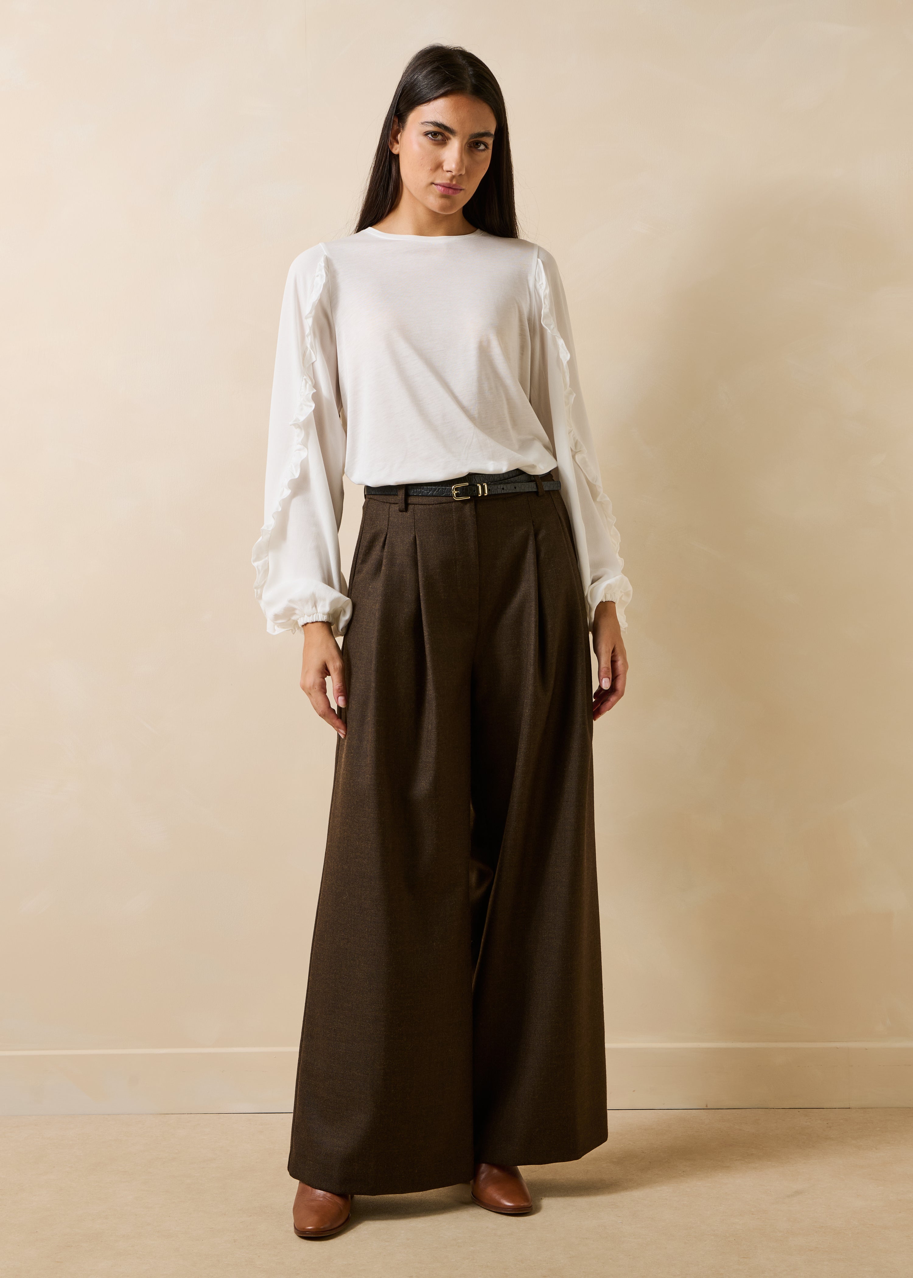 Pantalon large marron taille haute