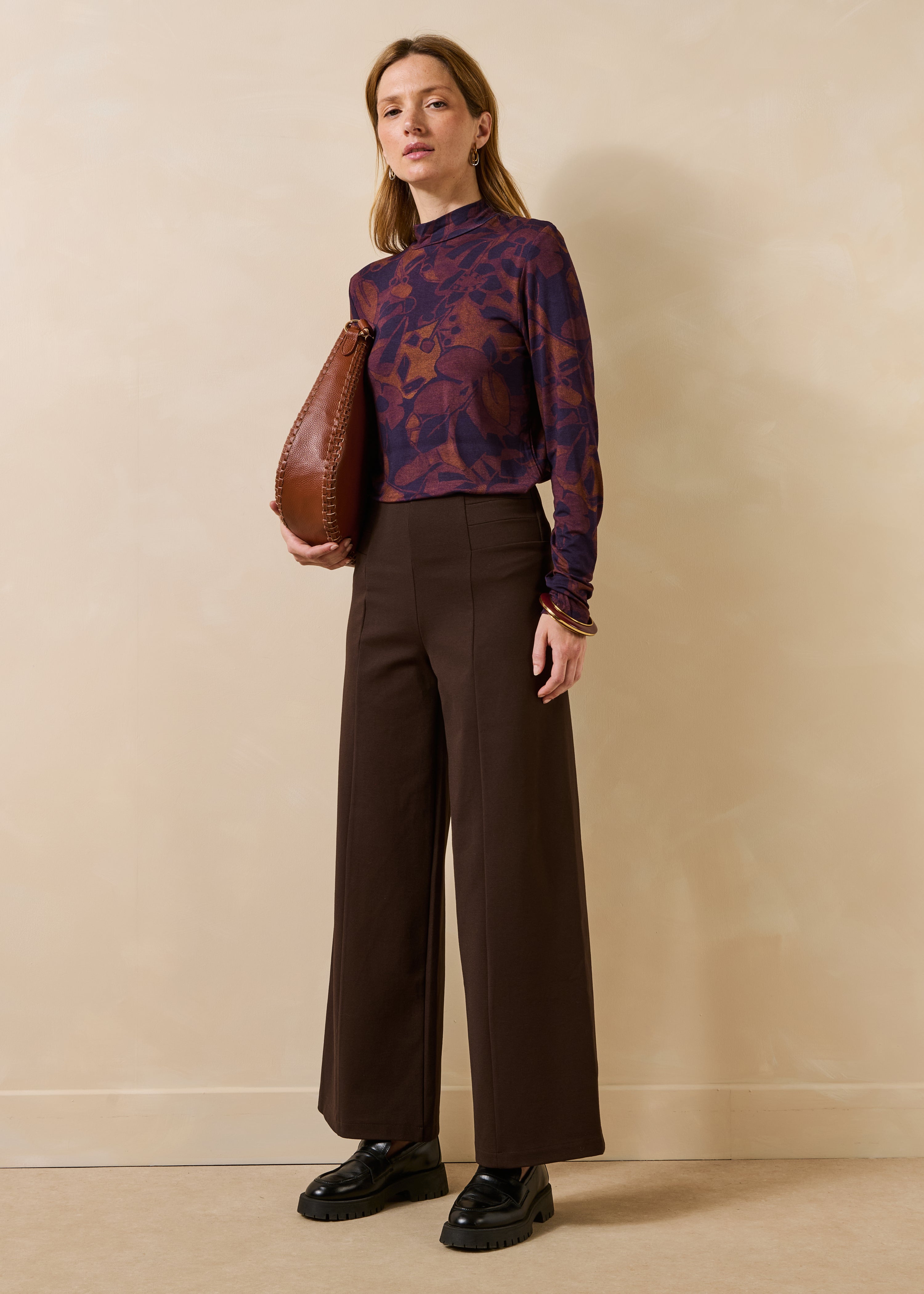 Pantalon cropped marron taille élastiquée