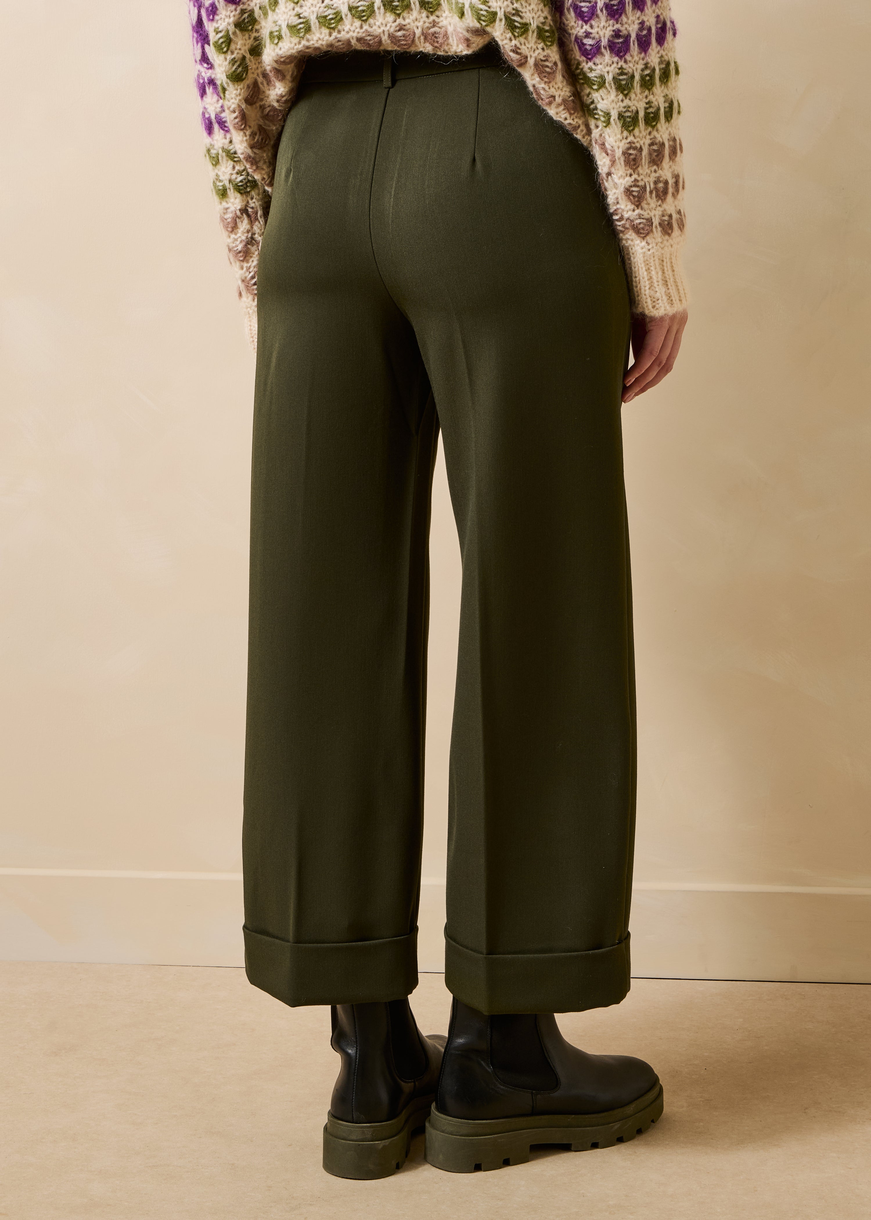 Pantalon droit cropped kaki avec revers