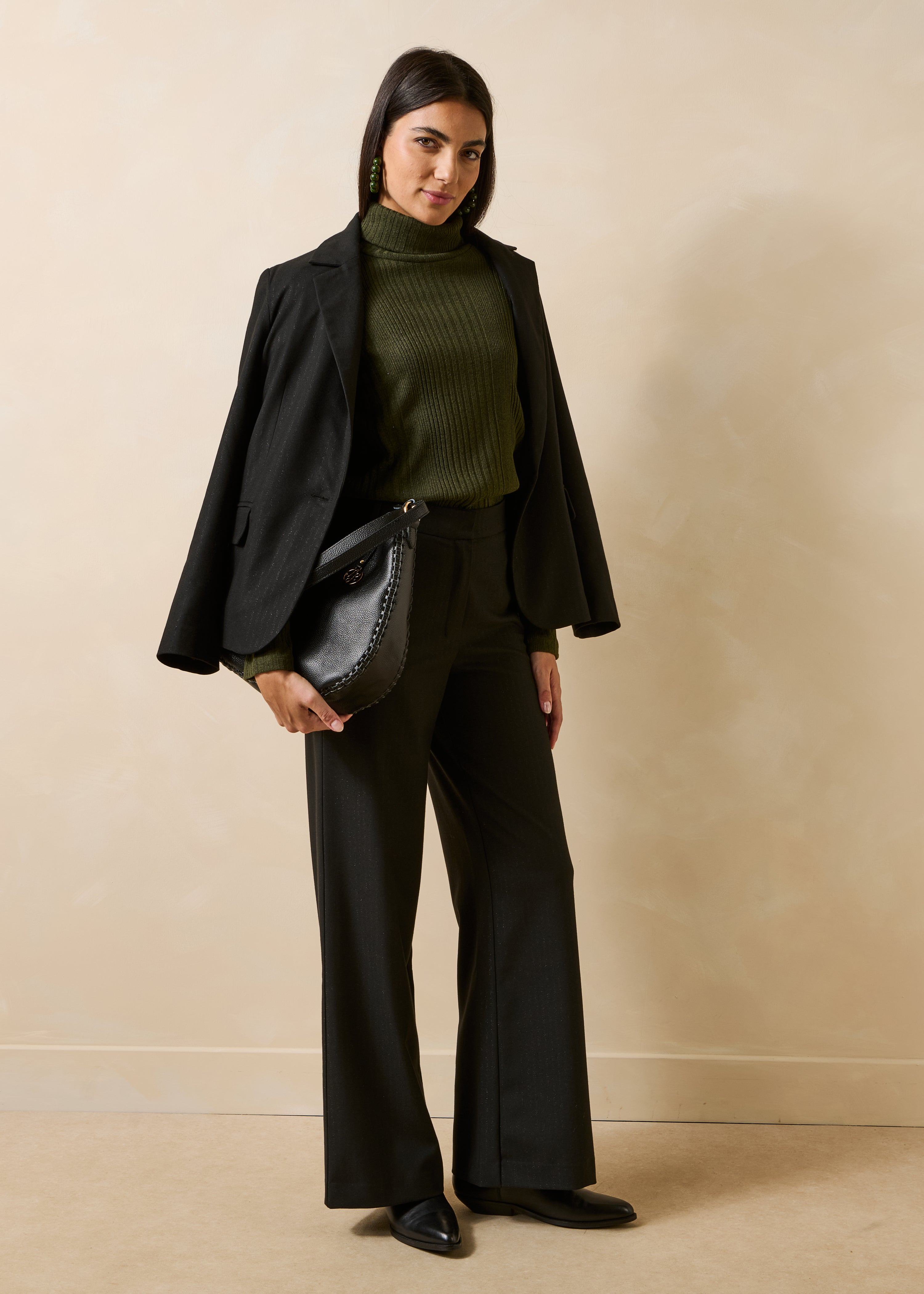 High-waisted black straight pants with stripes