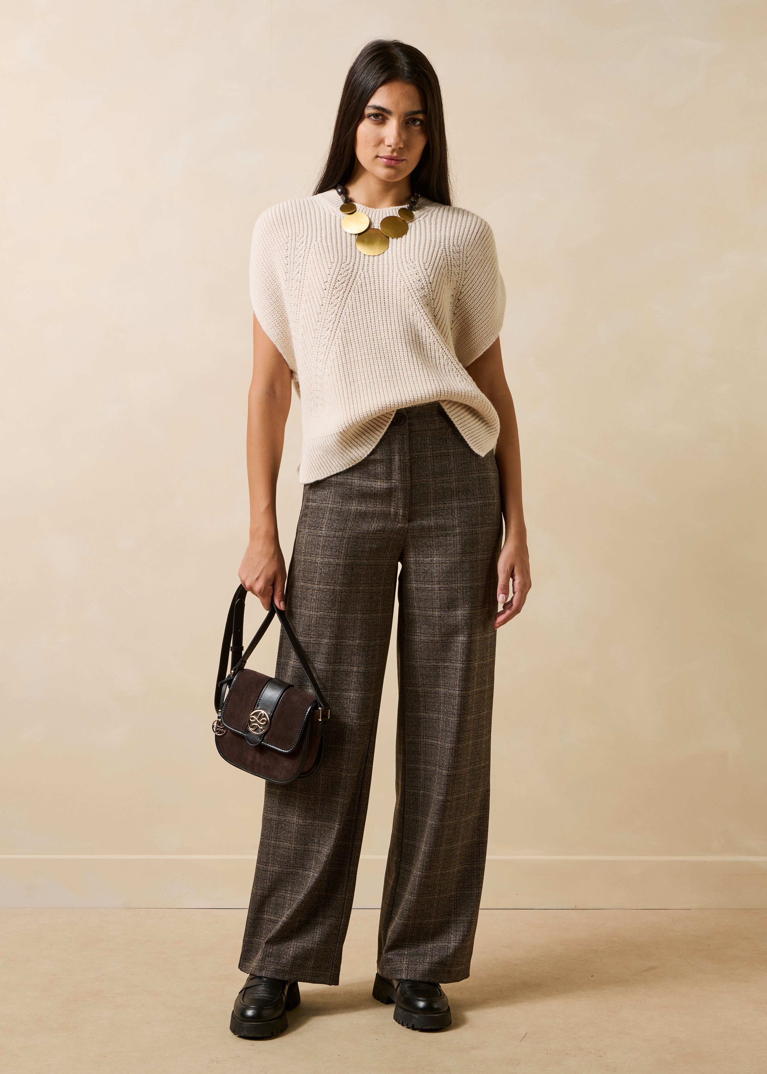 Pantalon droit marron à carreaux