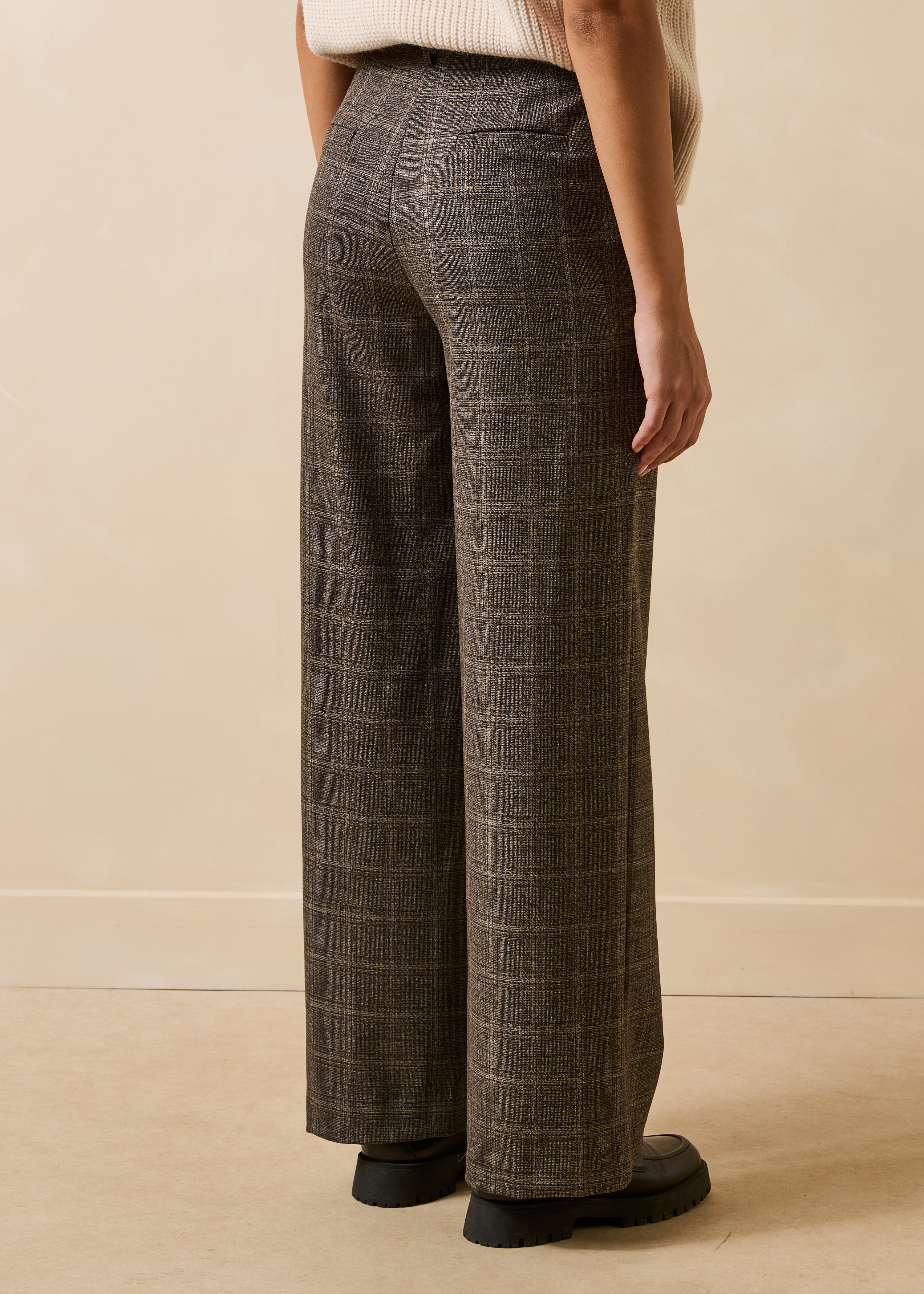Brown plaid straight-leg pants