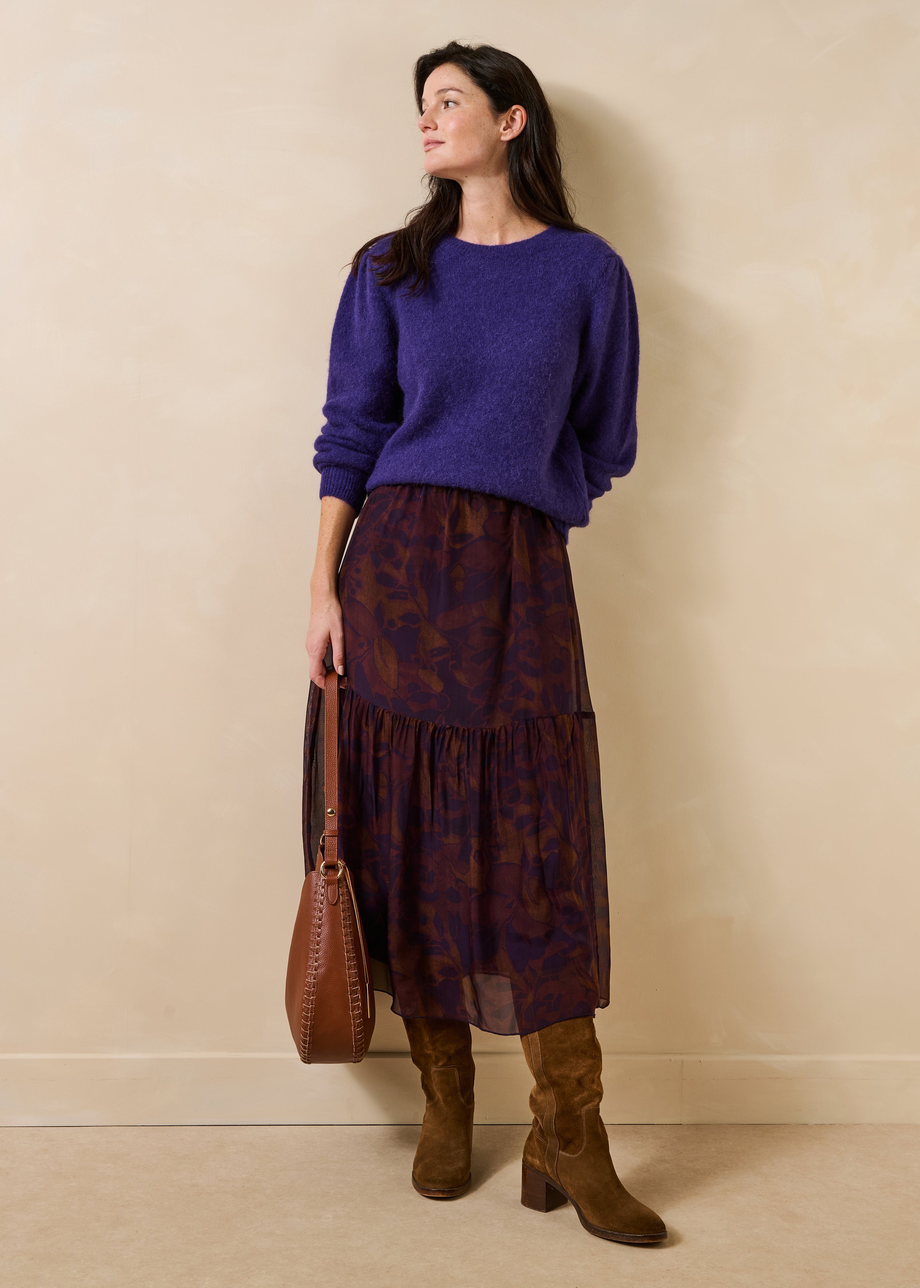 Camisola violeta de manga comprida em alpaca com decote redondo