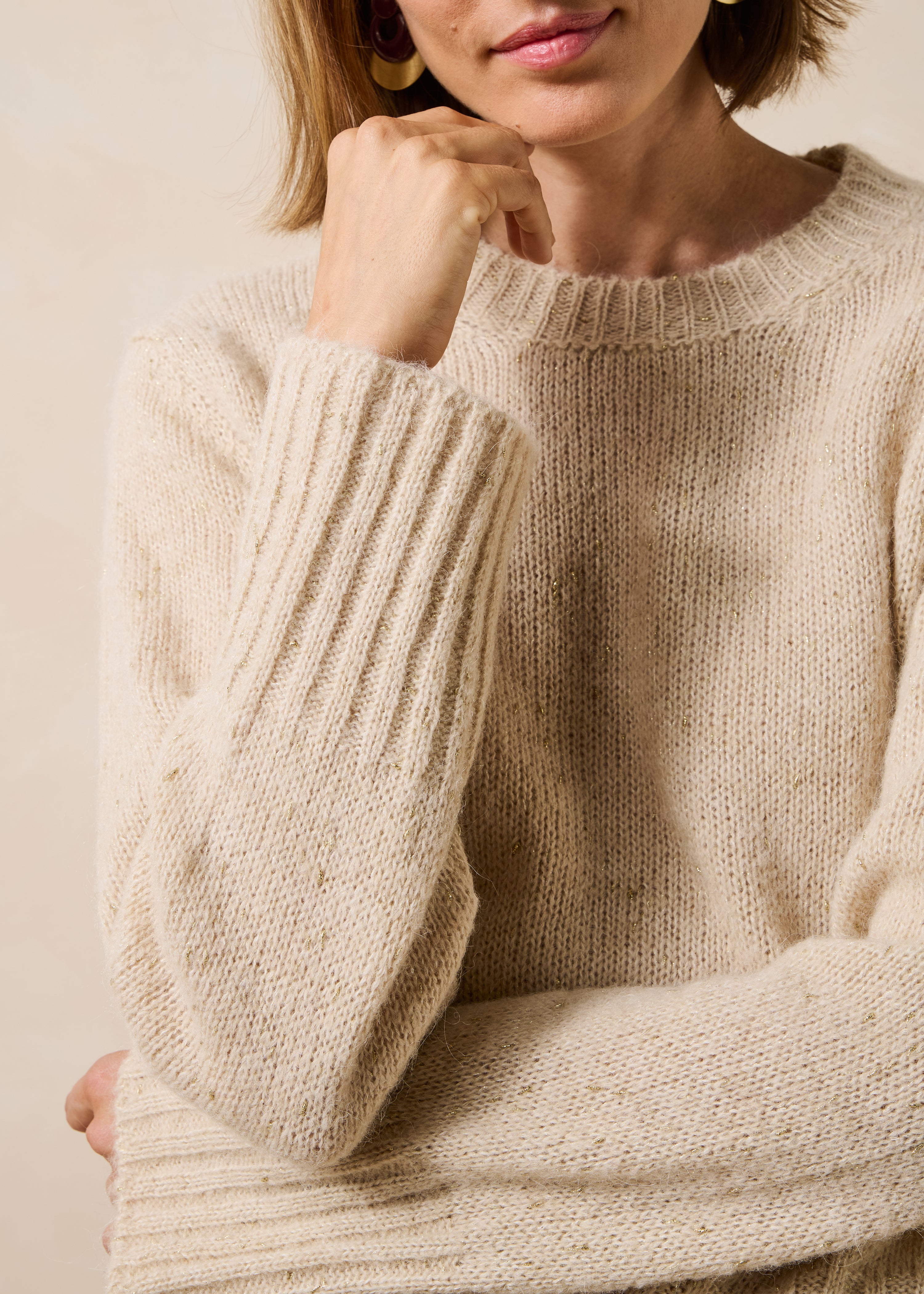 Beige long-sleeve crew neck sweater