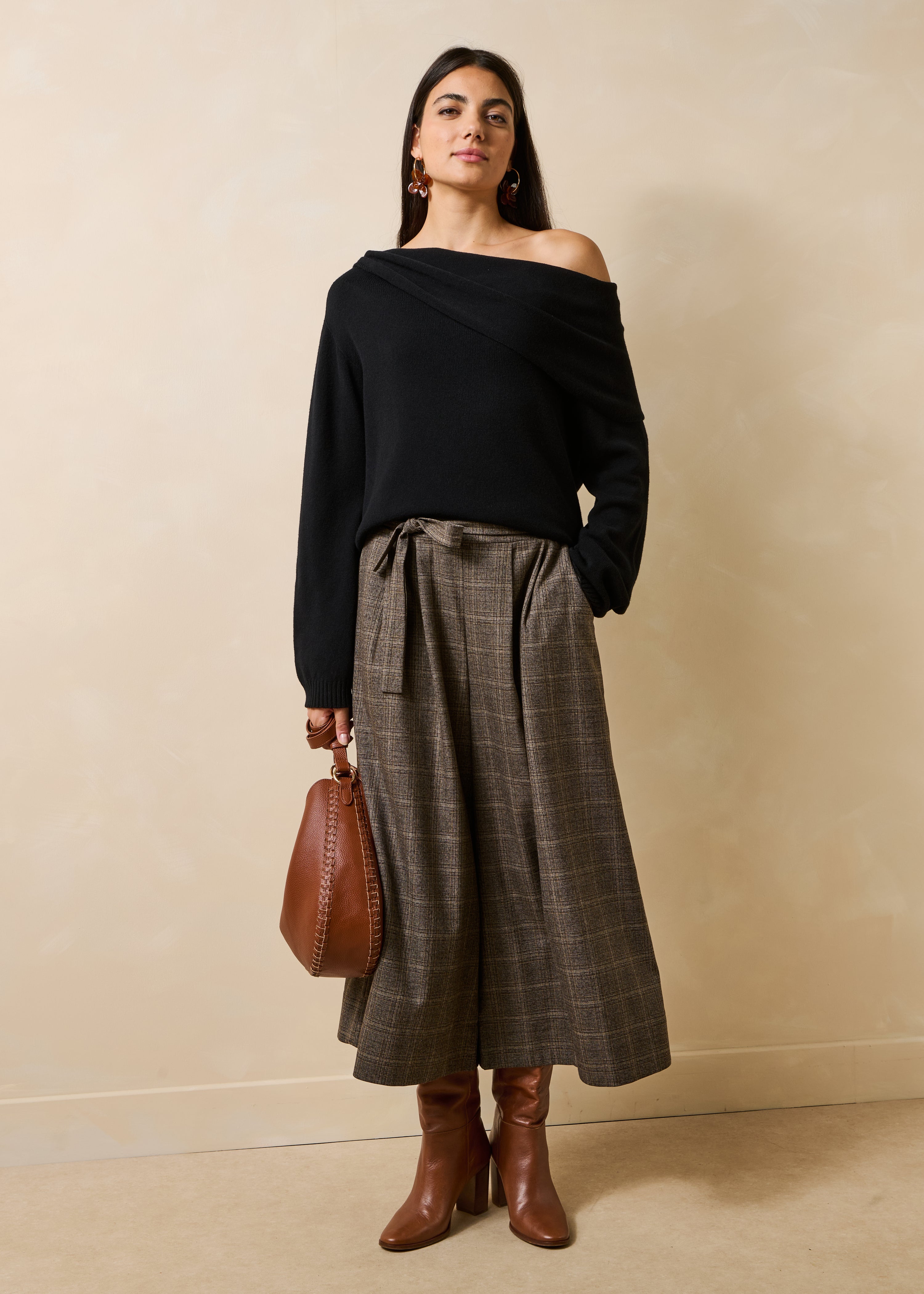 Black long-sleeve draped neckline sweater
