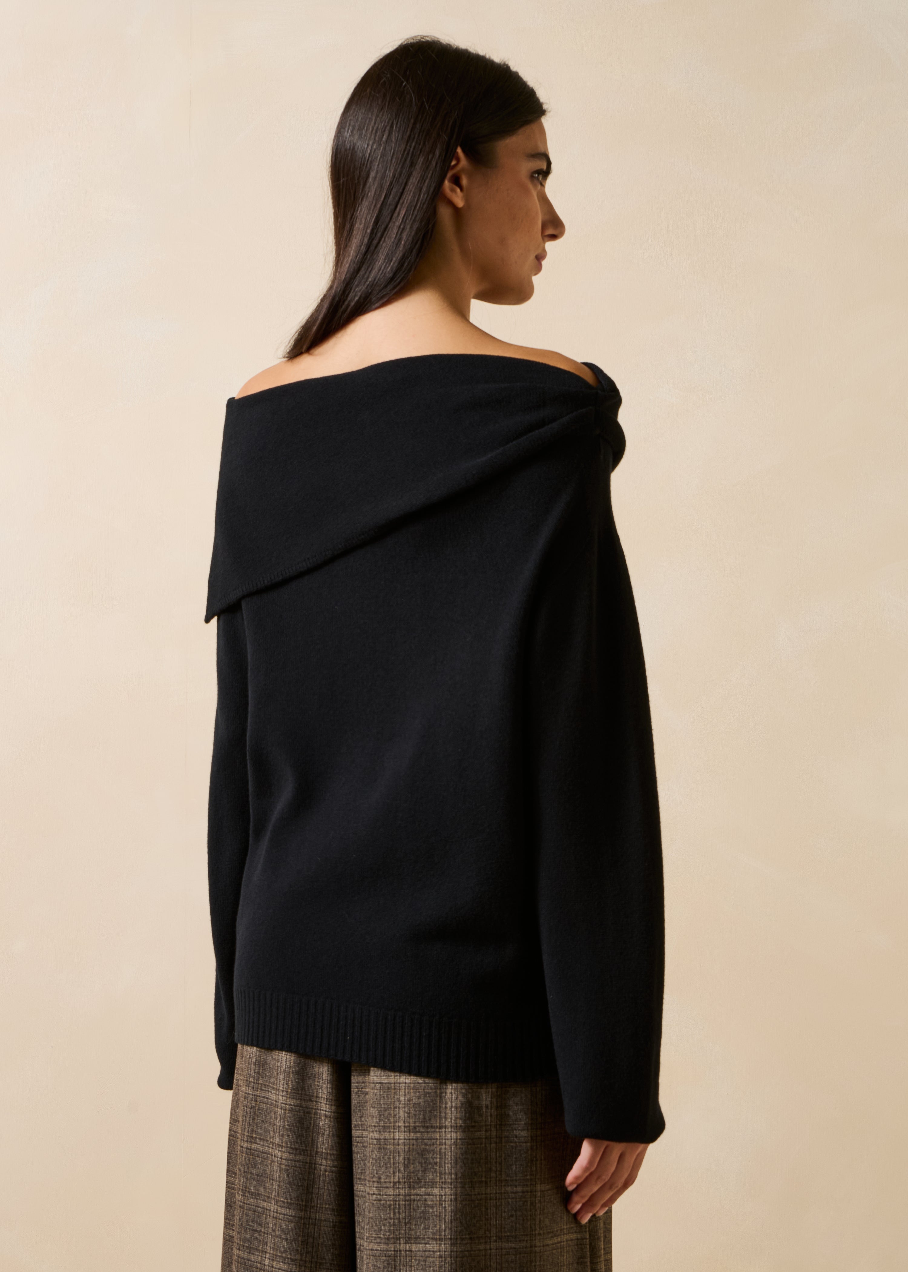 Black long-sleeve draped neckline sweater
