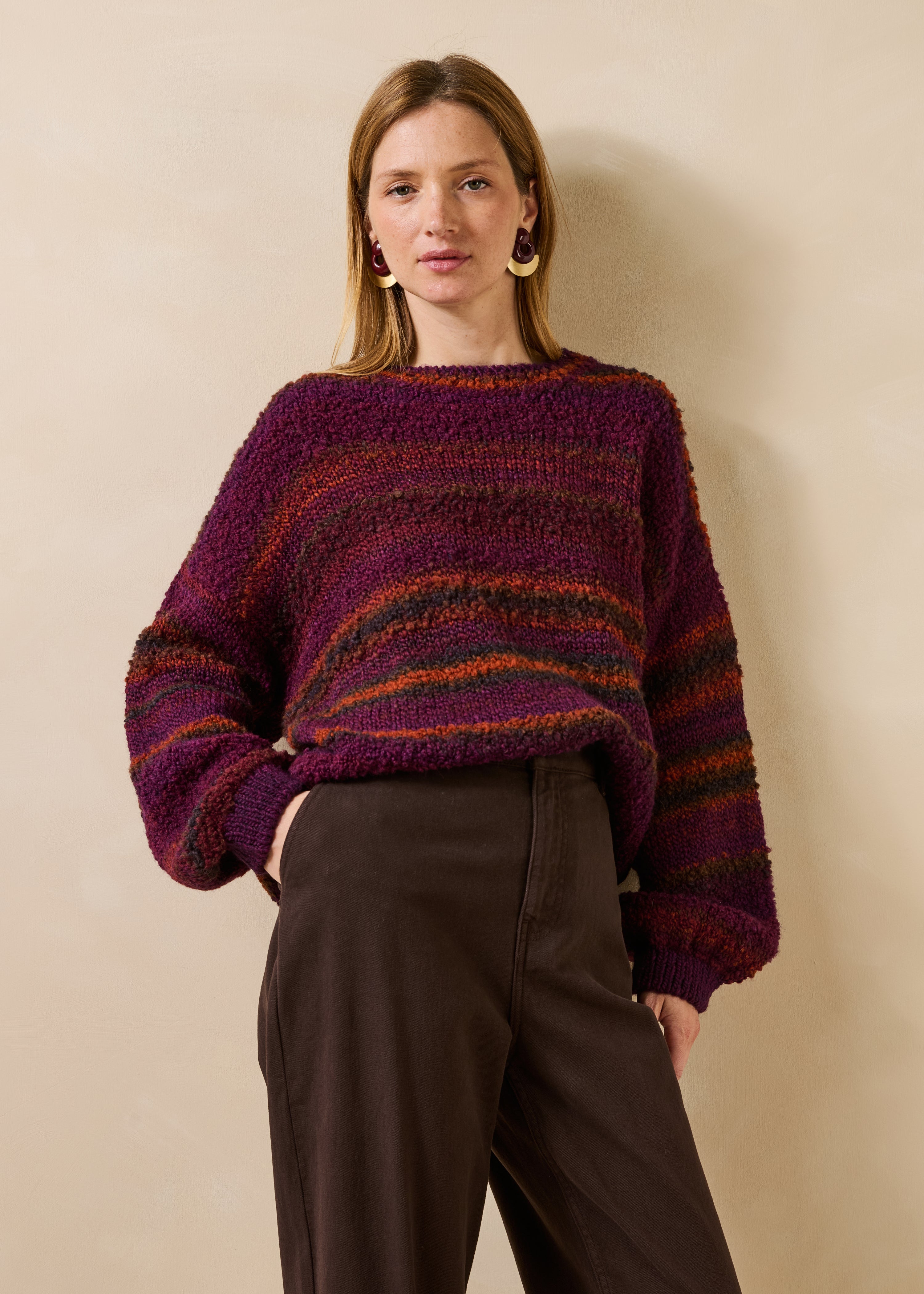 Pull bordeaux manches longues rayé col rond