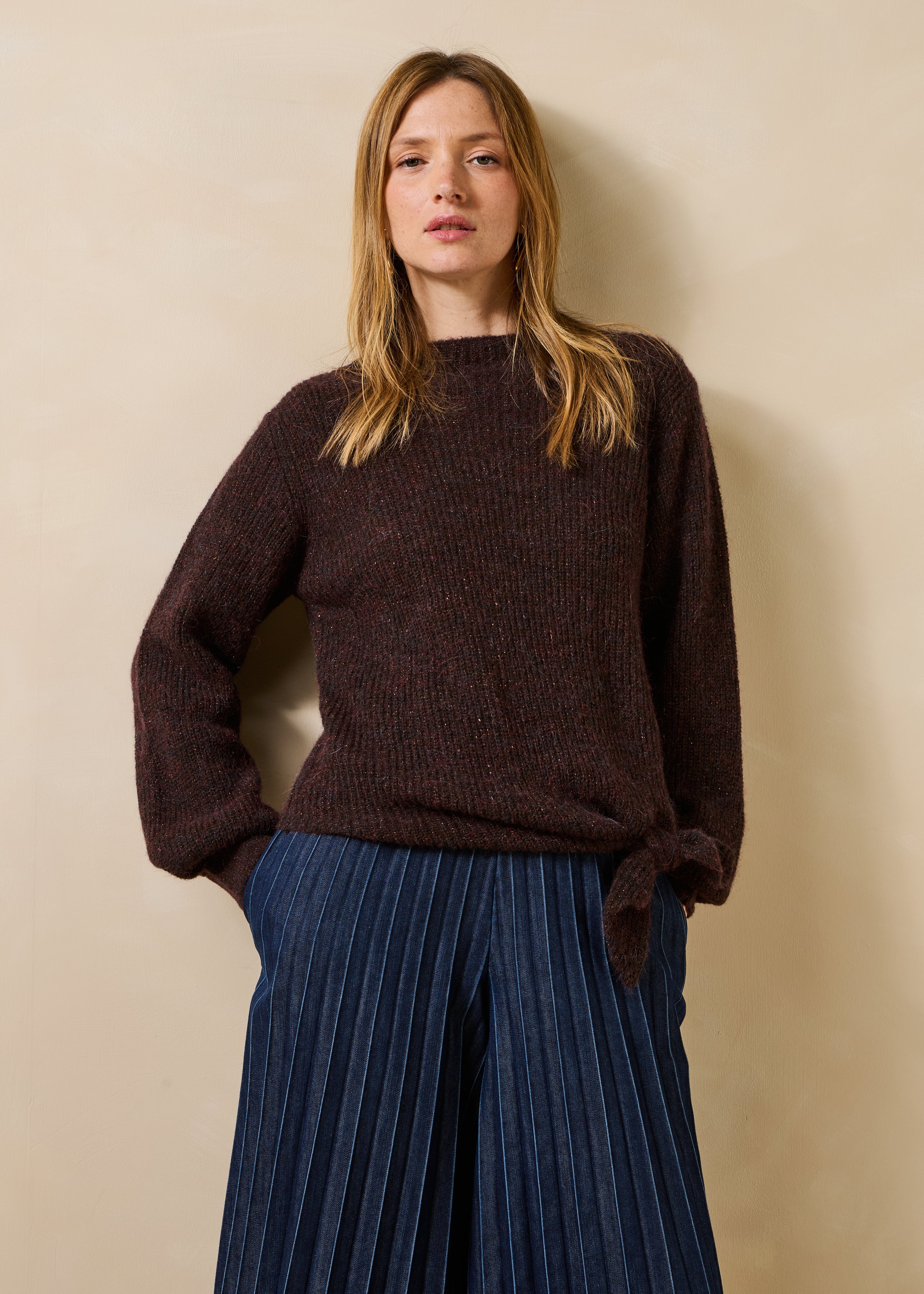 Pull marron manches longues col montant