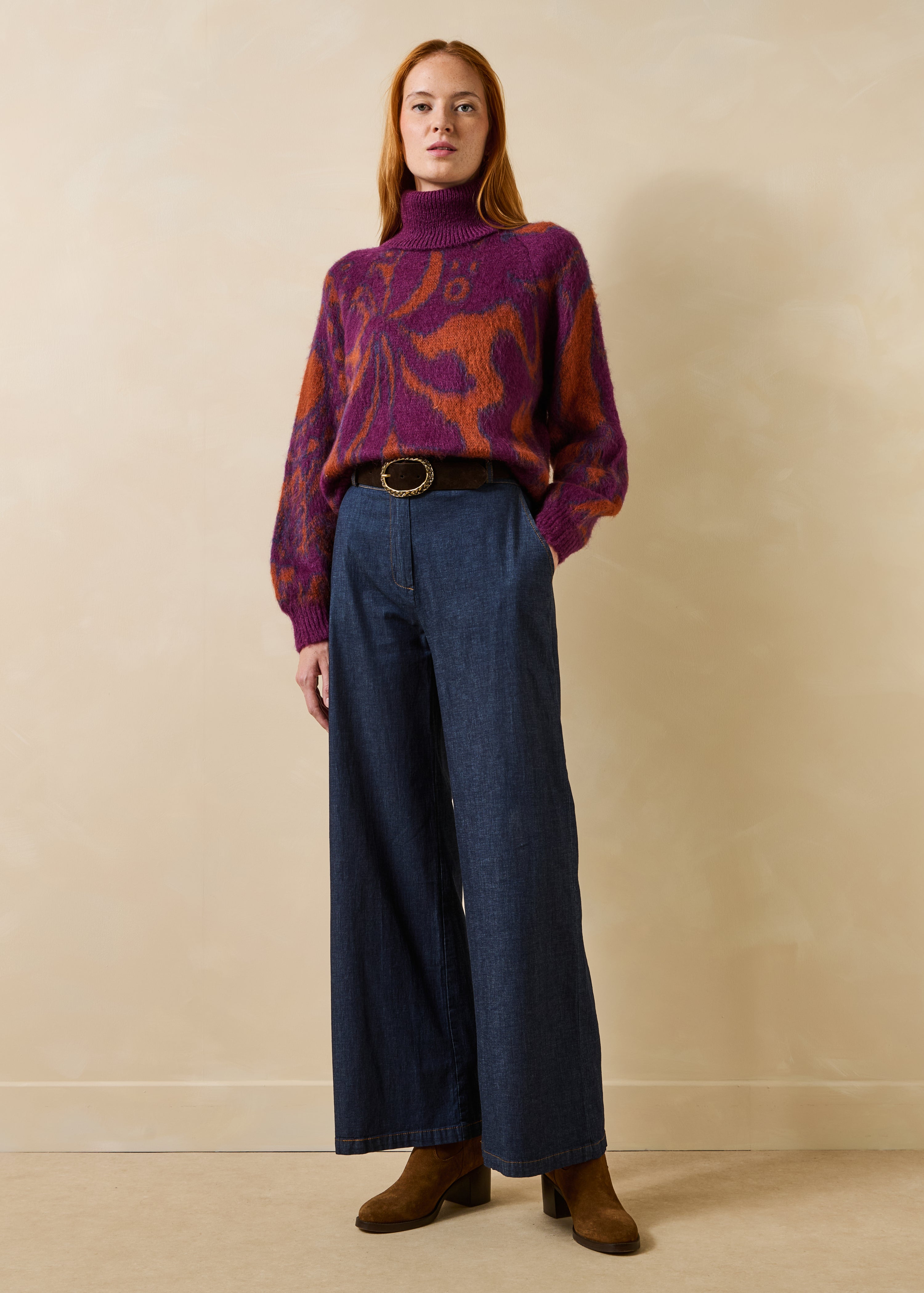 Purple and orange jacquard turtleneck sweater