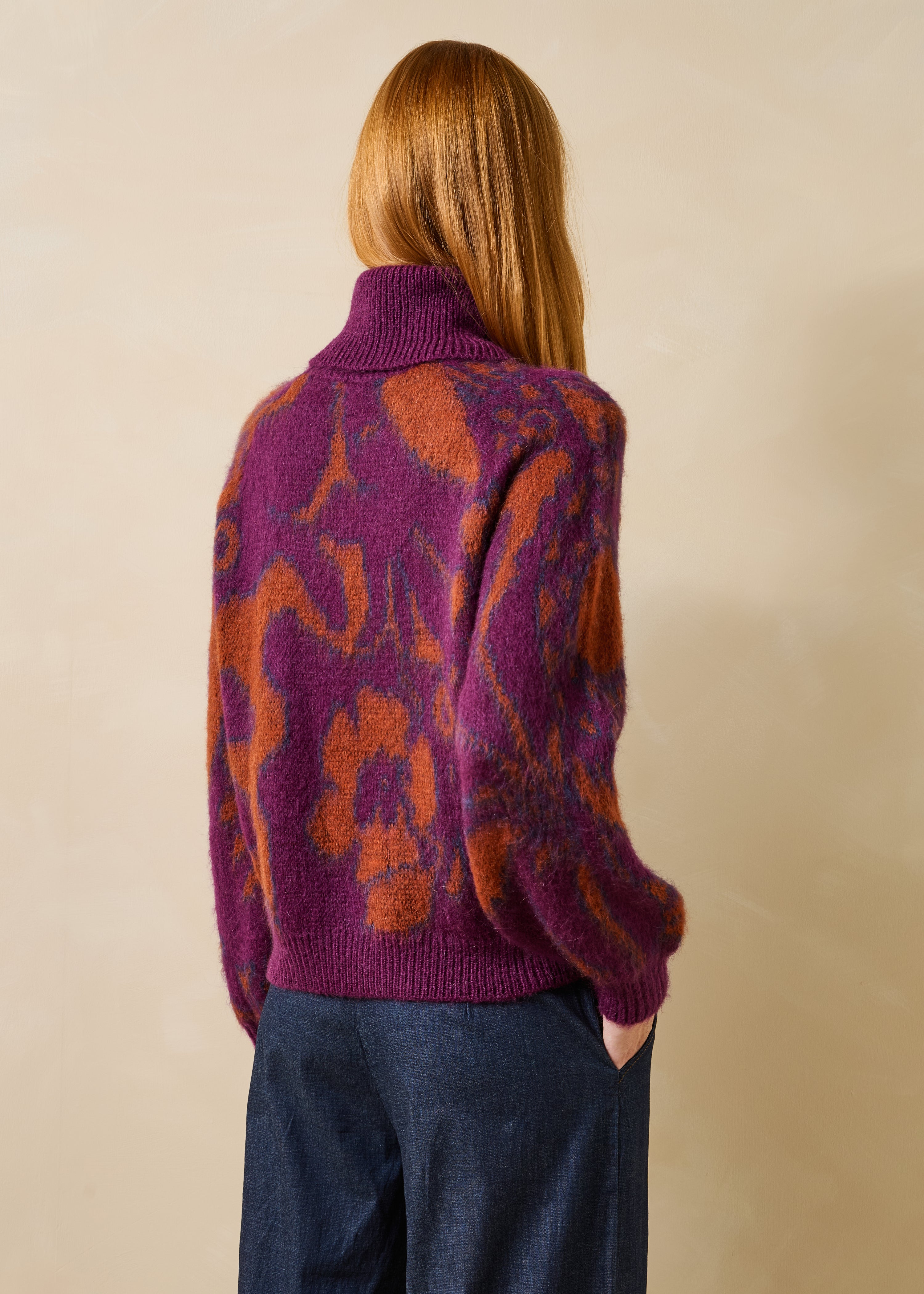 Purple and orange jacquard turtleneck sweater