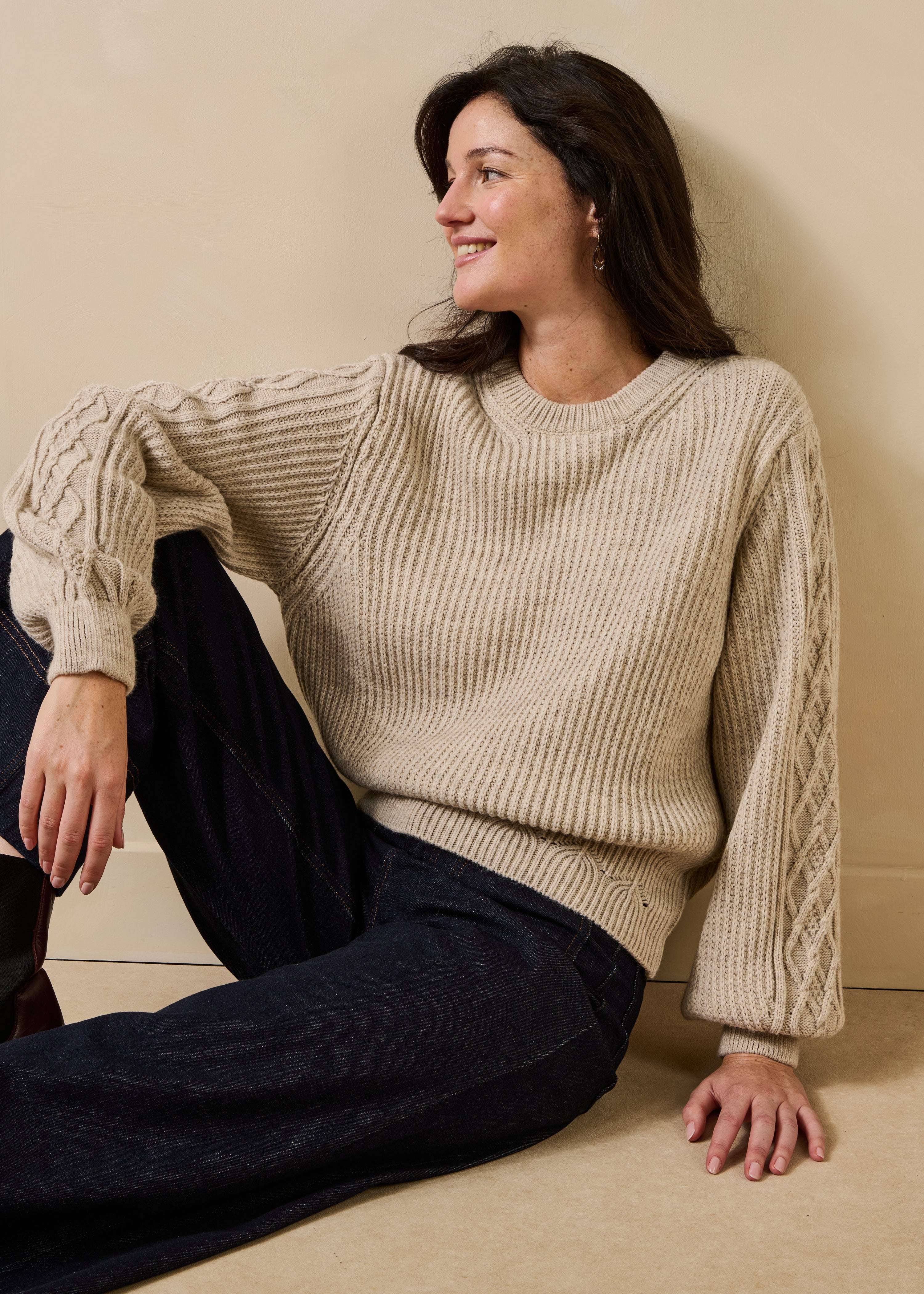 Beige long-sleeve crew neck sweater