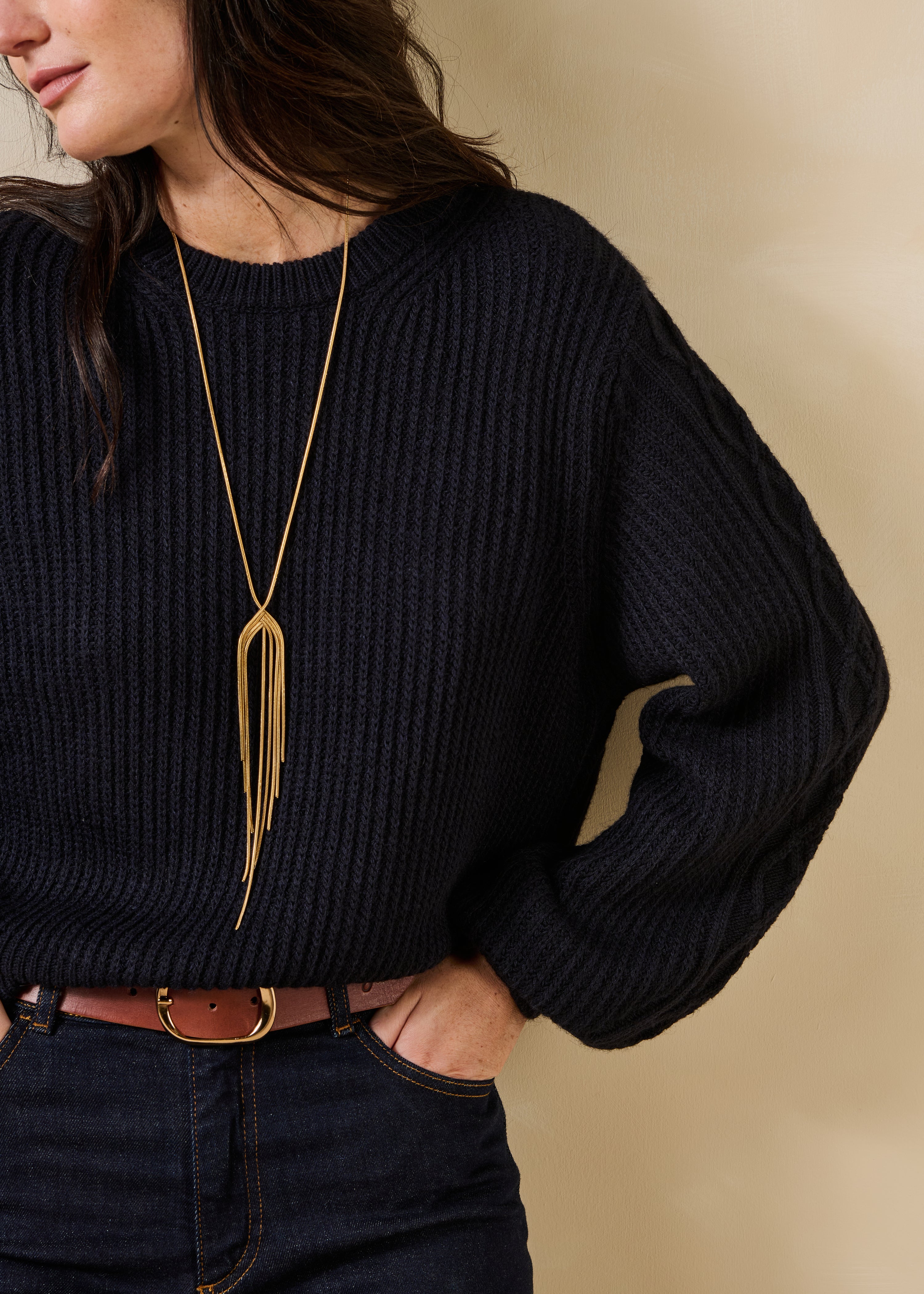 Navy blue long-sleeve crew neck sweater
