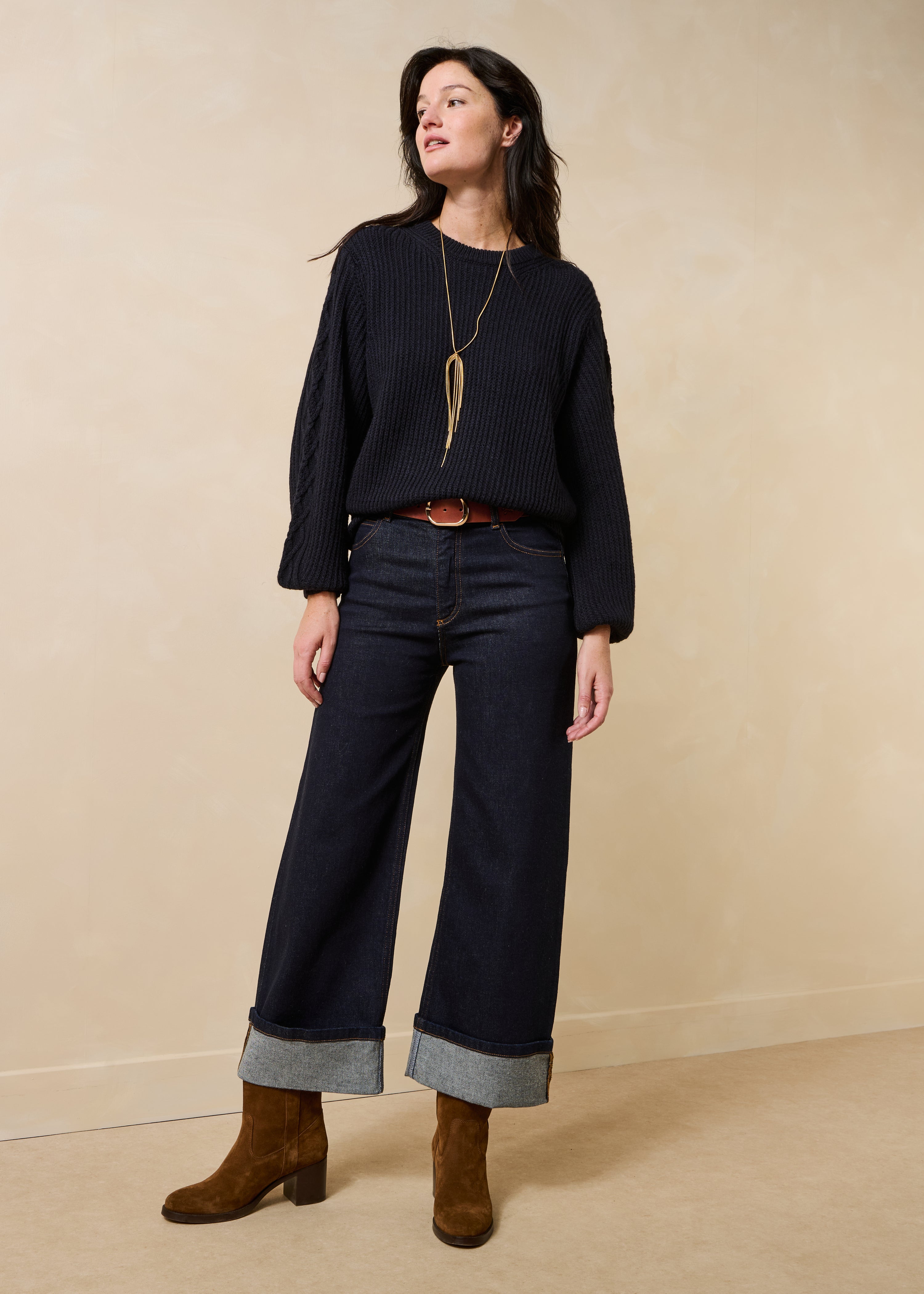 Navy blue long-sleeve crew neck sweater