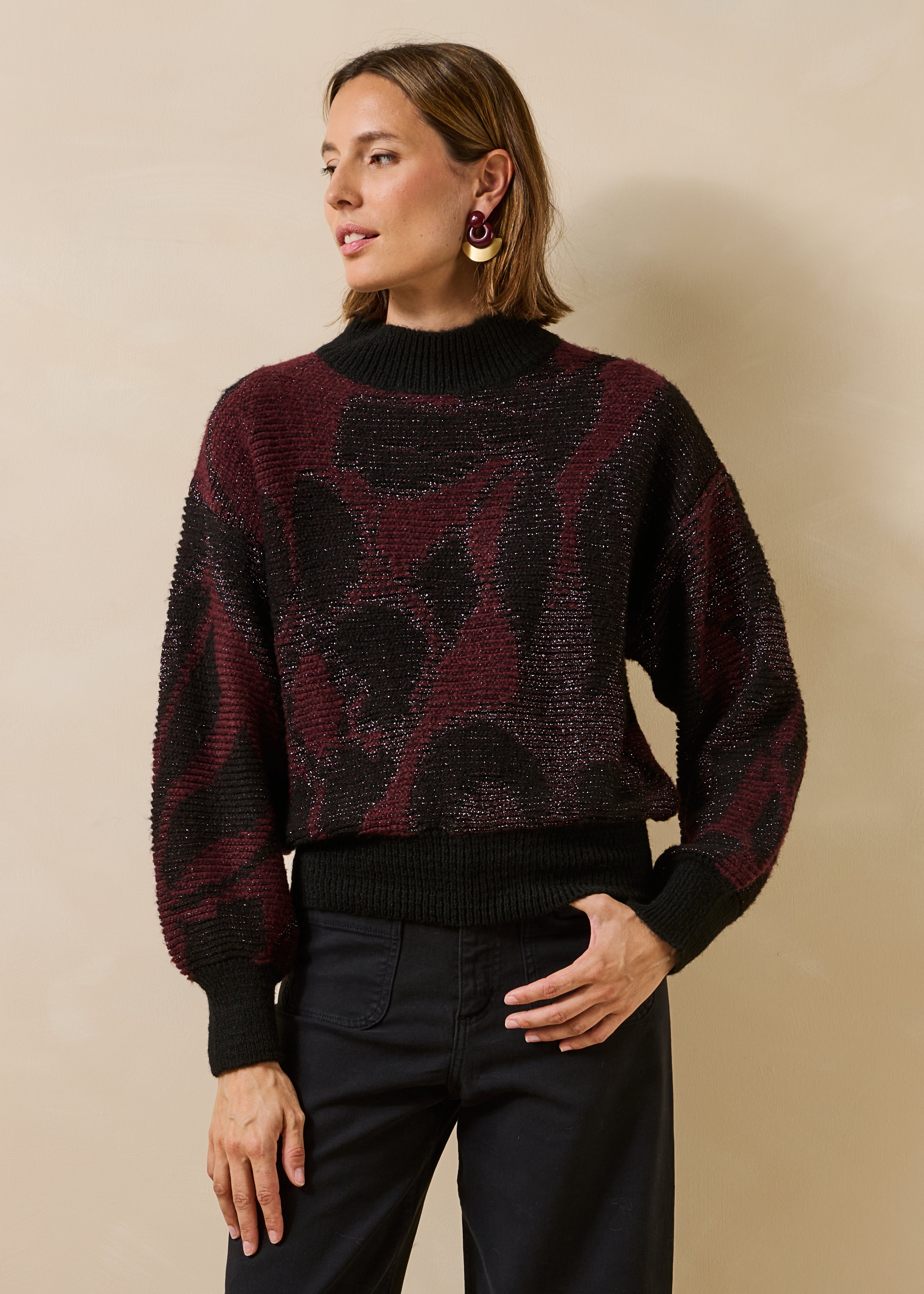Bordeaux and black jacquard long-sleeve sweater